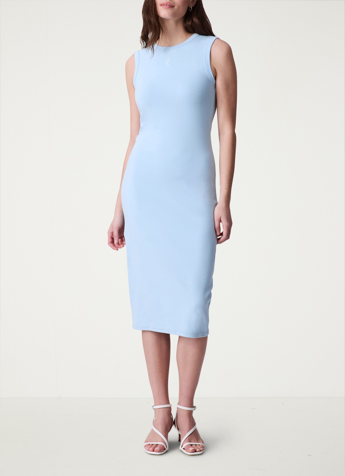 Calvin Klein Midi jurk met ribstructuur met logoborduring - voorkant 5 lichtblauw
