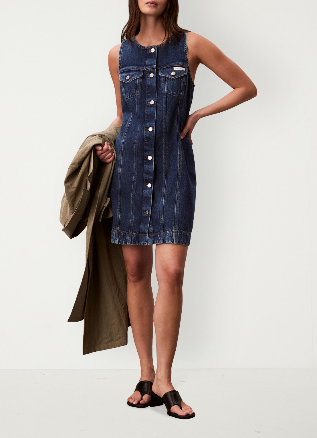 Calvin Klein Mini denim jurk met borstzakken - detail 4 donkerblauw