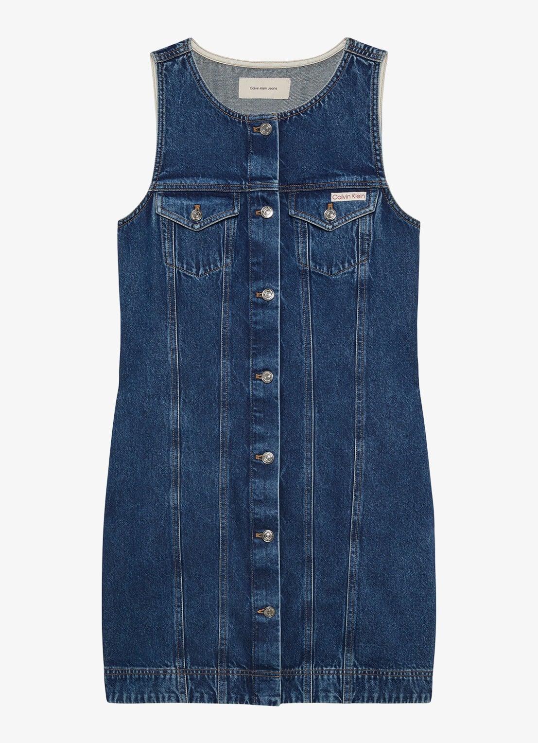 Calvin Klein Mini denim jurk met borstzakken - voorkant donkerblauw