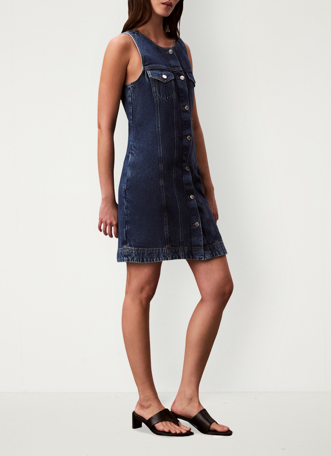 Calvin Klein Mini denim jurk met borstzakken - voorkant 2 donkerblauw