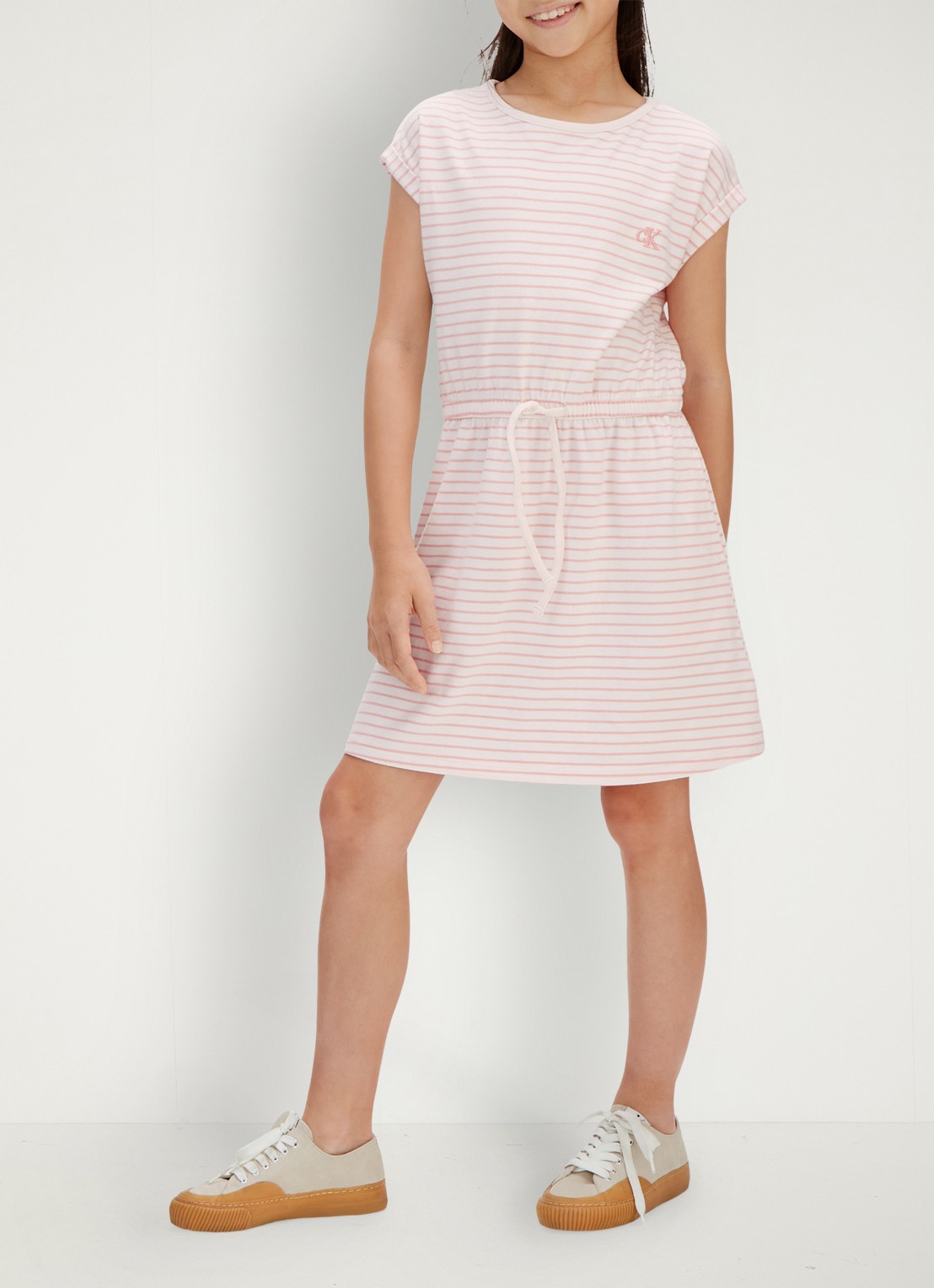 Calvin Klein Mini jurk met streepprint en steekzakken - voorkant 2 roze