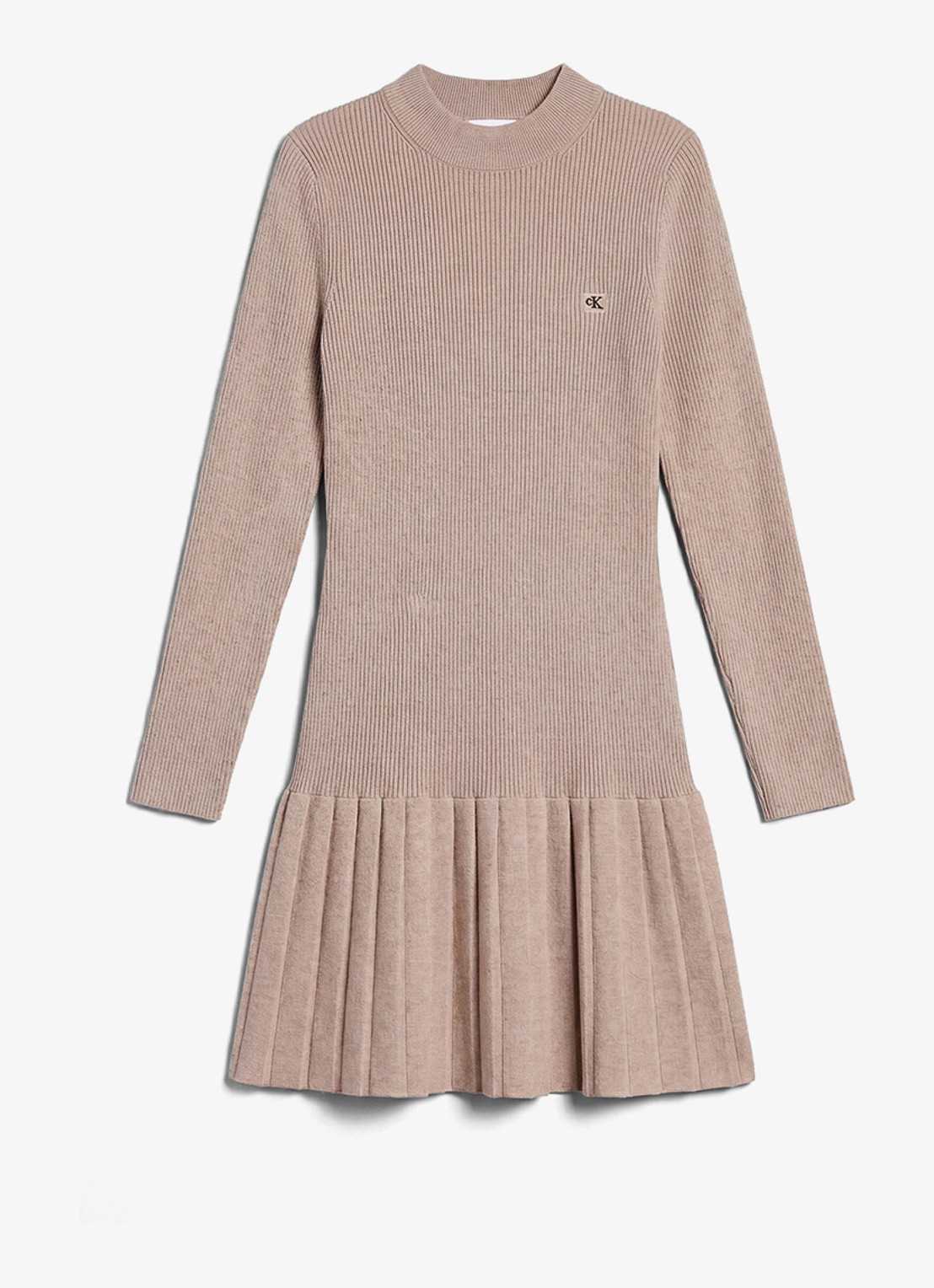 Calvin Klein Mini ribgebreide plooi jurk met logo - voorkant 5 donkerbeige