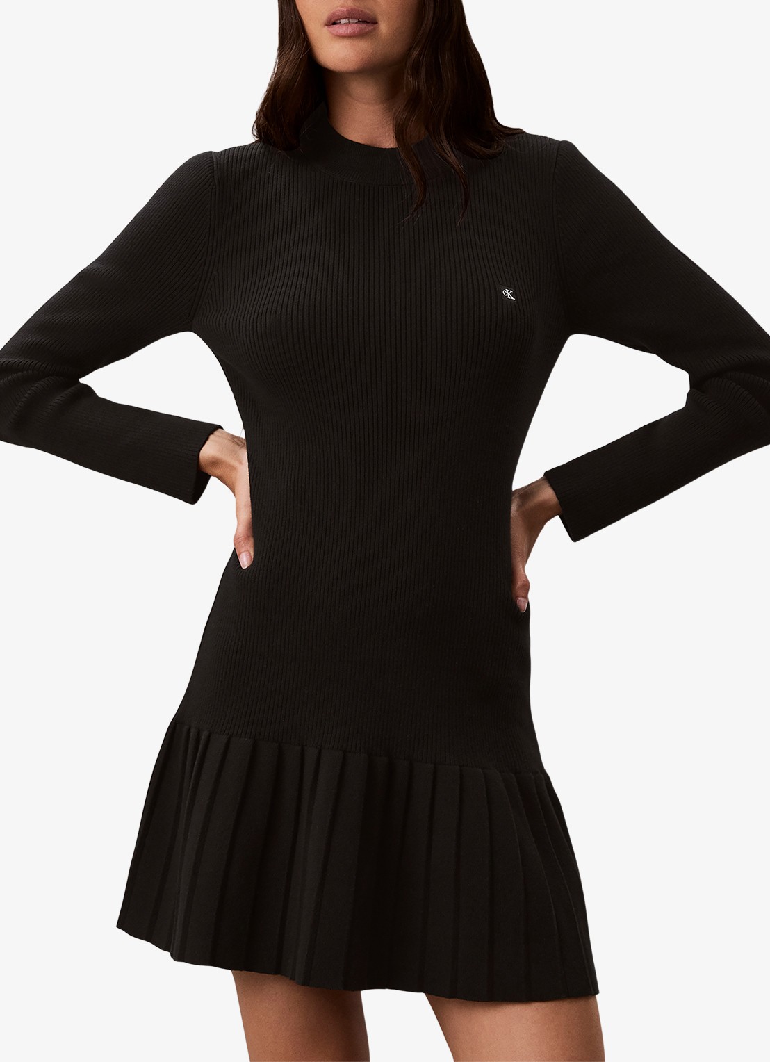 Calvin Klein Mini ribgebreide plooi jurk met logo - detail zwart