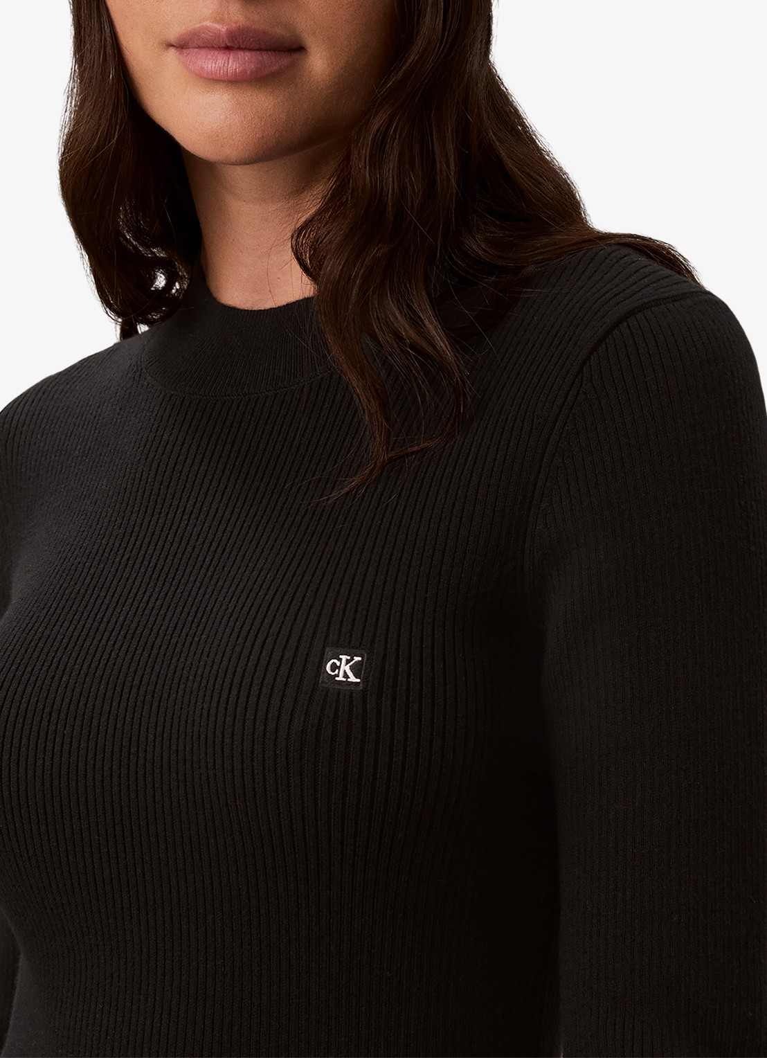 Calvin Klein Mini ribgebreide plooi jurk met logo - detail 2 zwart