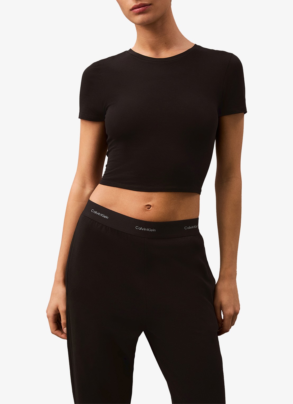 Calvin Klein Modern mid waist straight fit loungebroek met logoband - voorkant 7 zwart