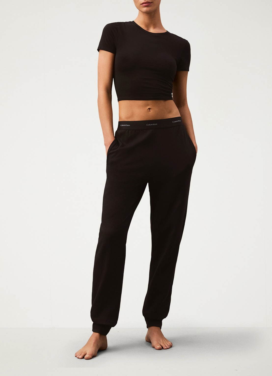 Calvin Klein Modern mid waist straight fit loungebroek met logoband - voorkant 8 zwart
