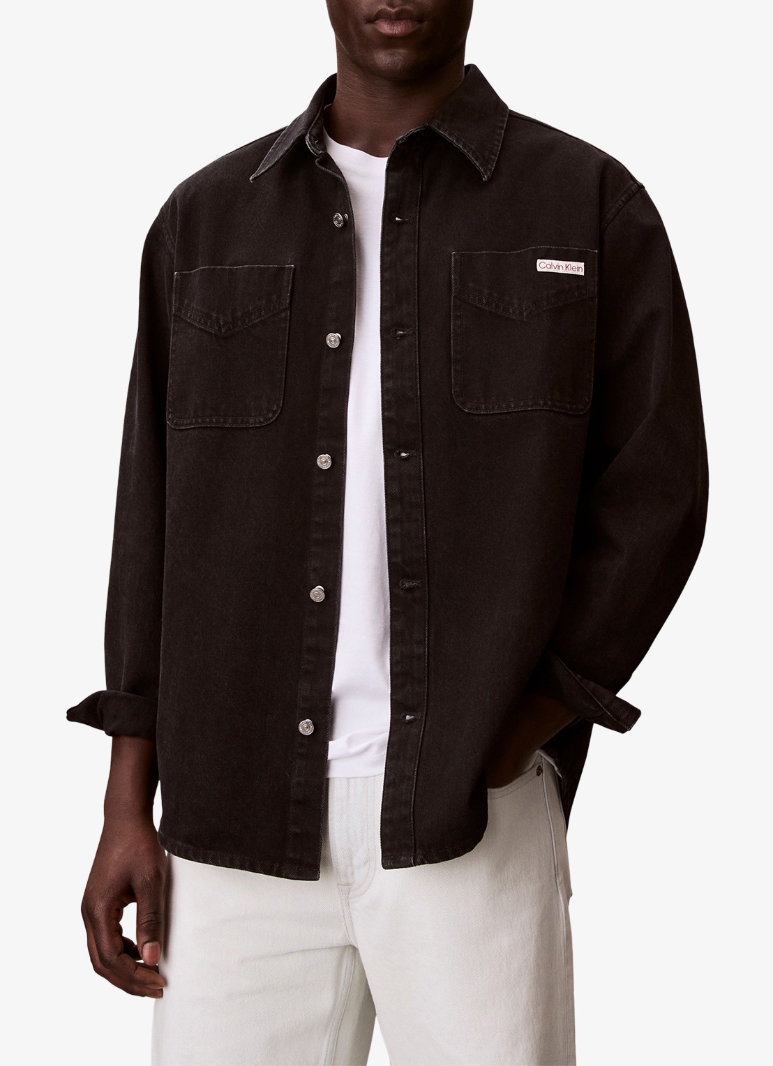 Calvin Klein Overshirt van denim met borstzakken - detail zwart