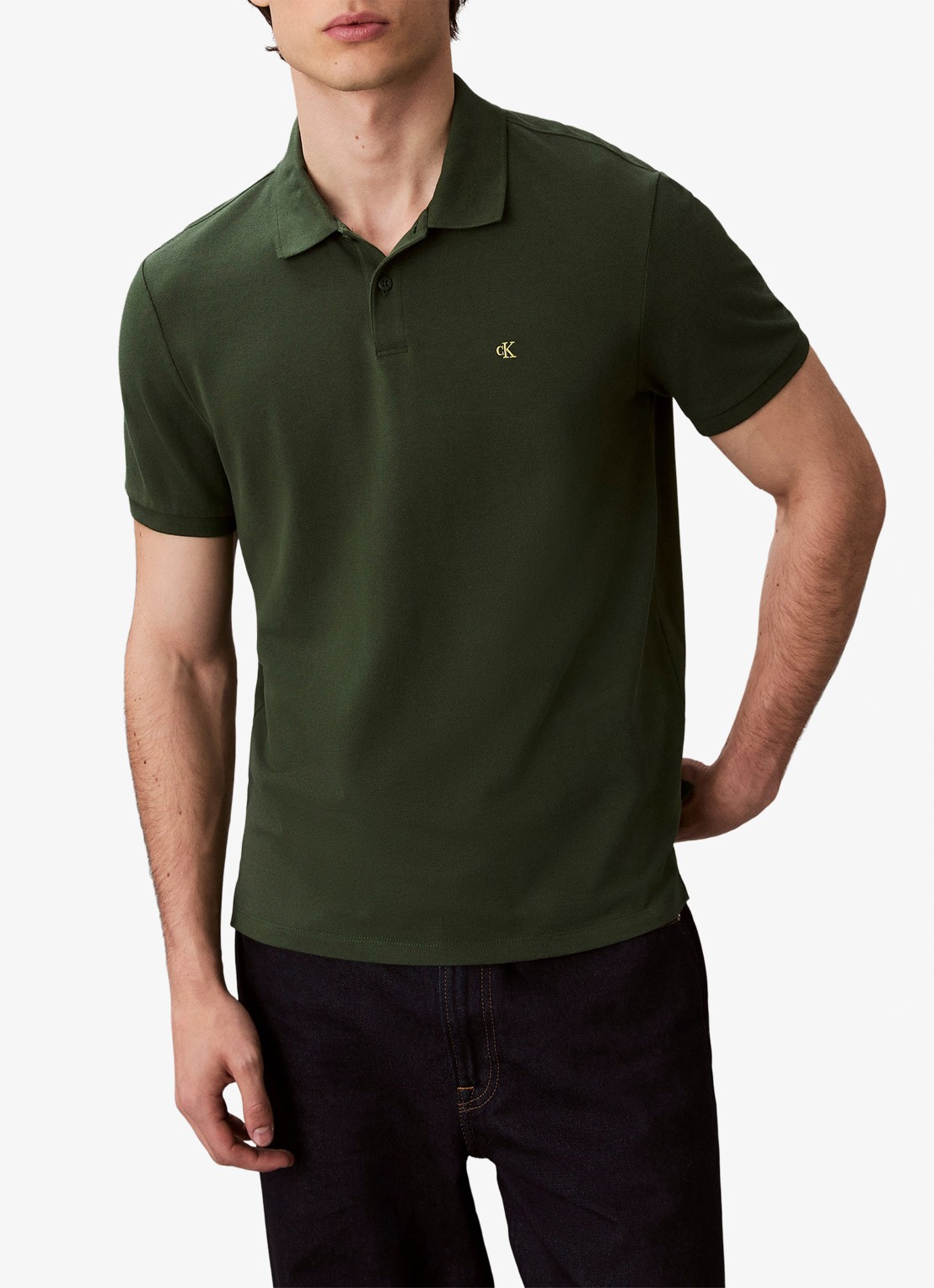 Calvin Klein Polo van piqué katoen met logoborduring - detail donkergroen