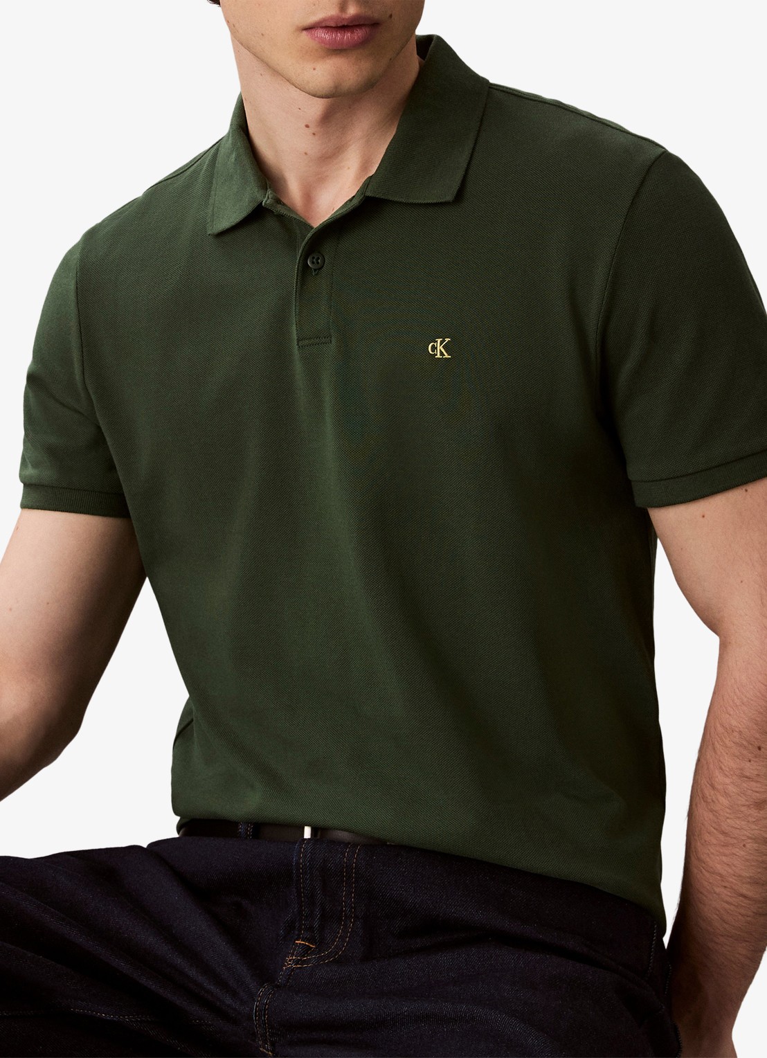 Calvin Klein Polo van piqué katoen met logoborduring - detail 3 donkergroen