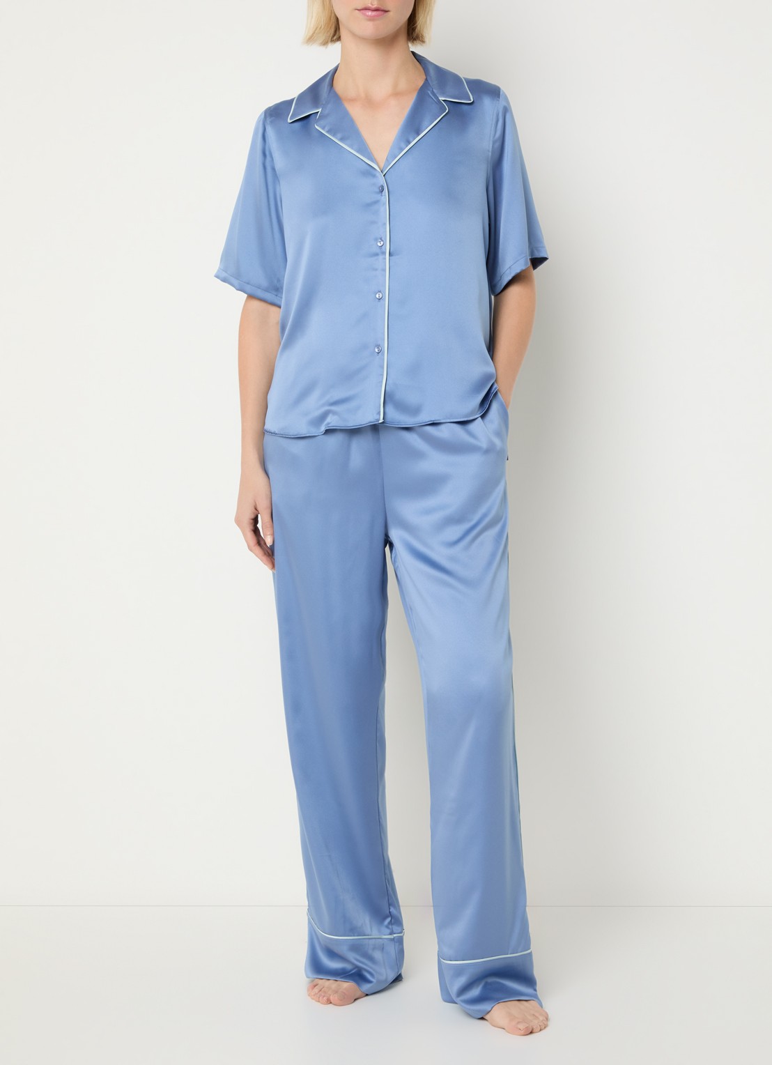 Calvin Klein Pyjamabroek van satijn - voorkant 4 staalblauw