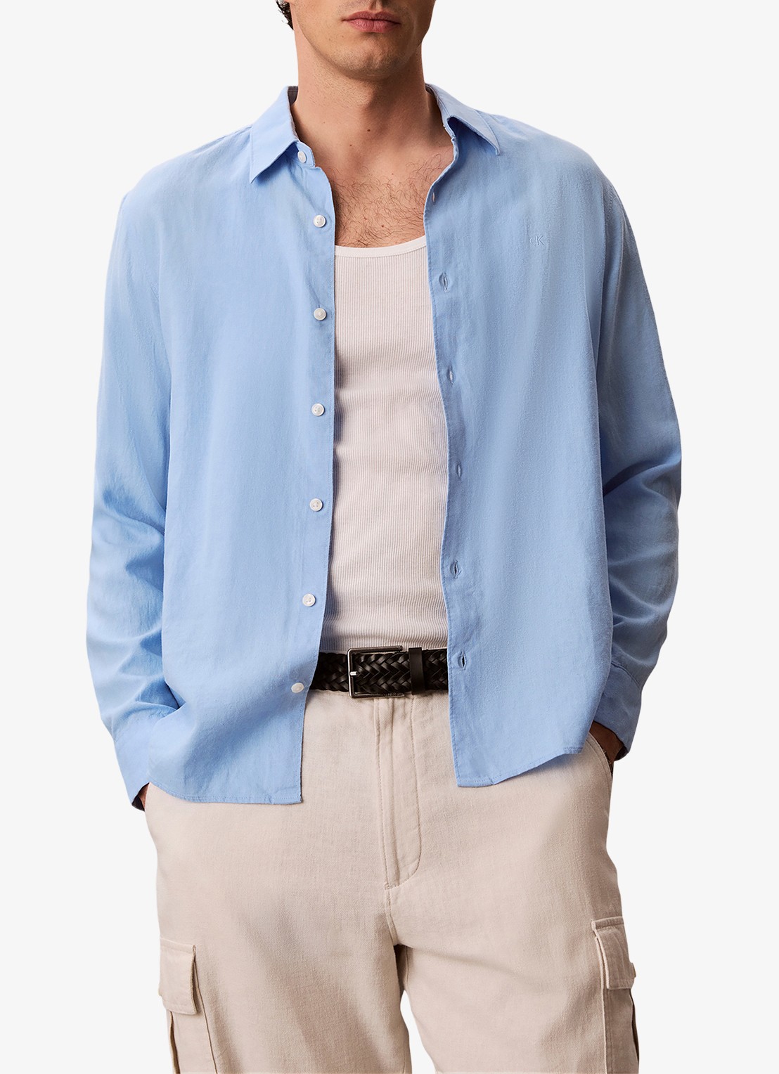 Calvin Klein Regular fit overhemd in linnenblend - detail 4 lichtblauw