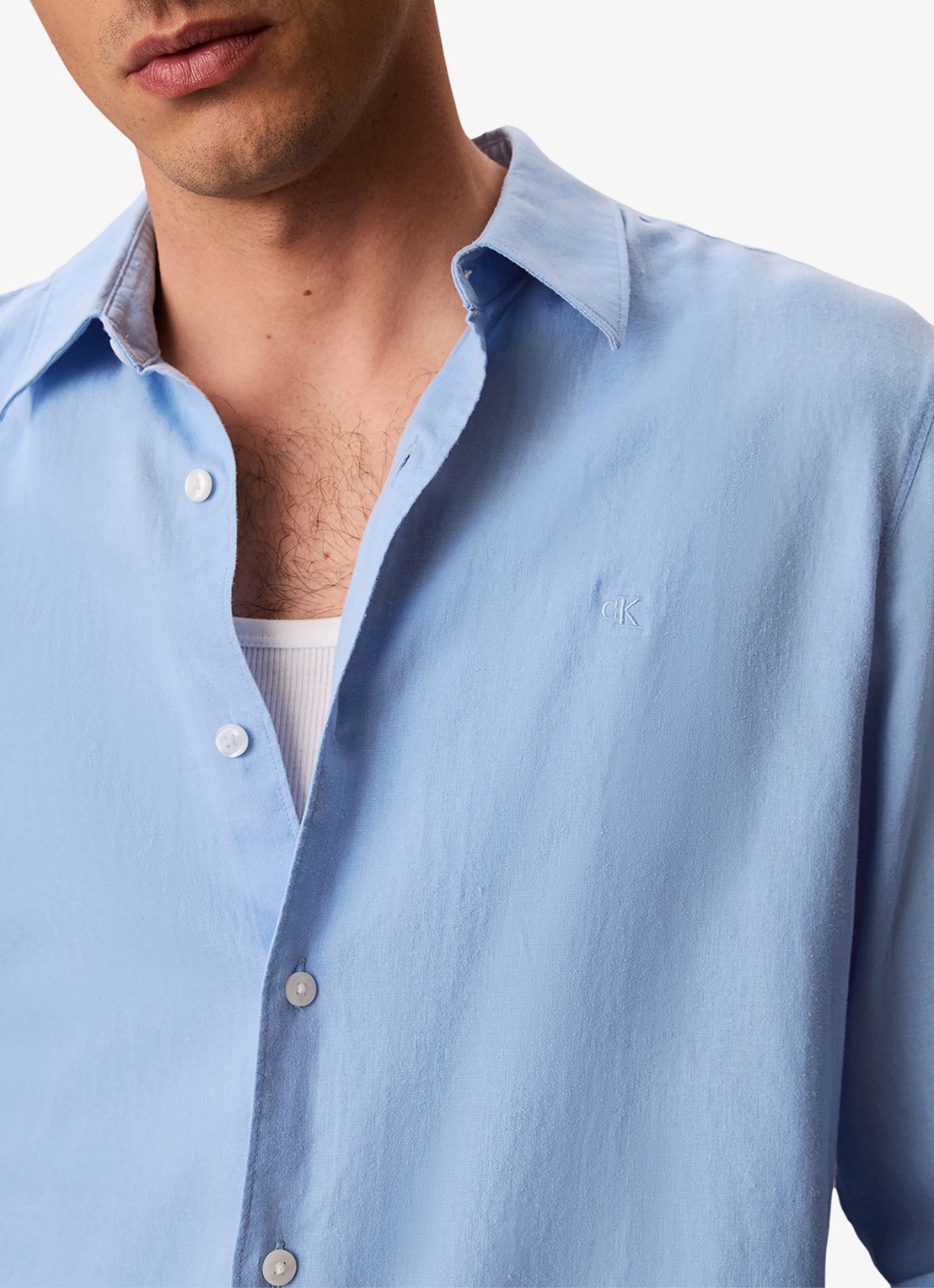 Calvin Klein Regular fit overhemd in linnenblend - detail 5 lichtblauw