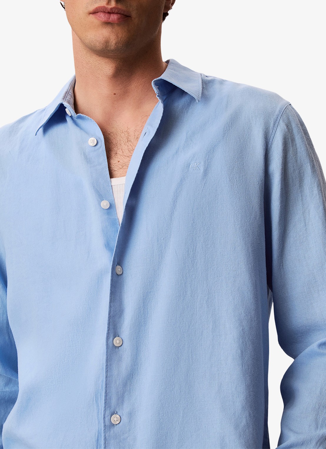 Calvin Klein Regular fit overhemd in linnenblend - detail 6 lichtblauw
