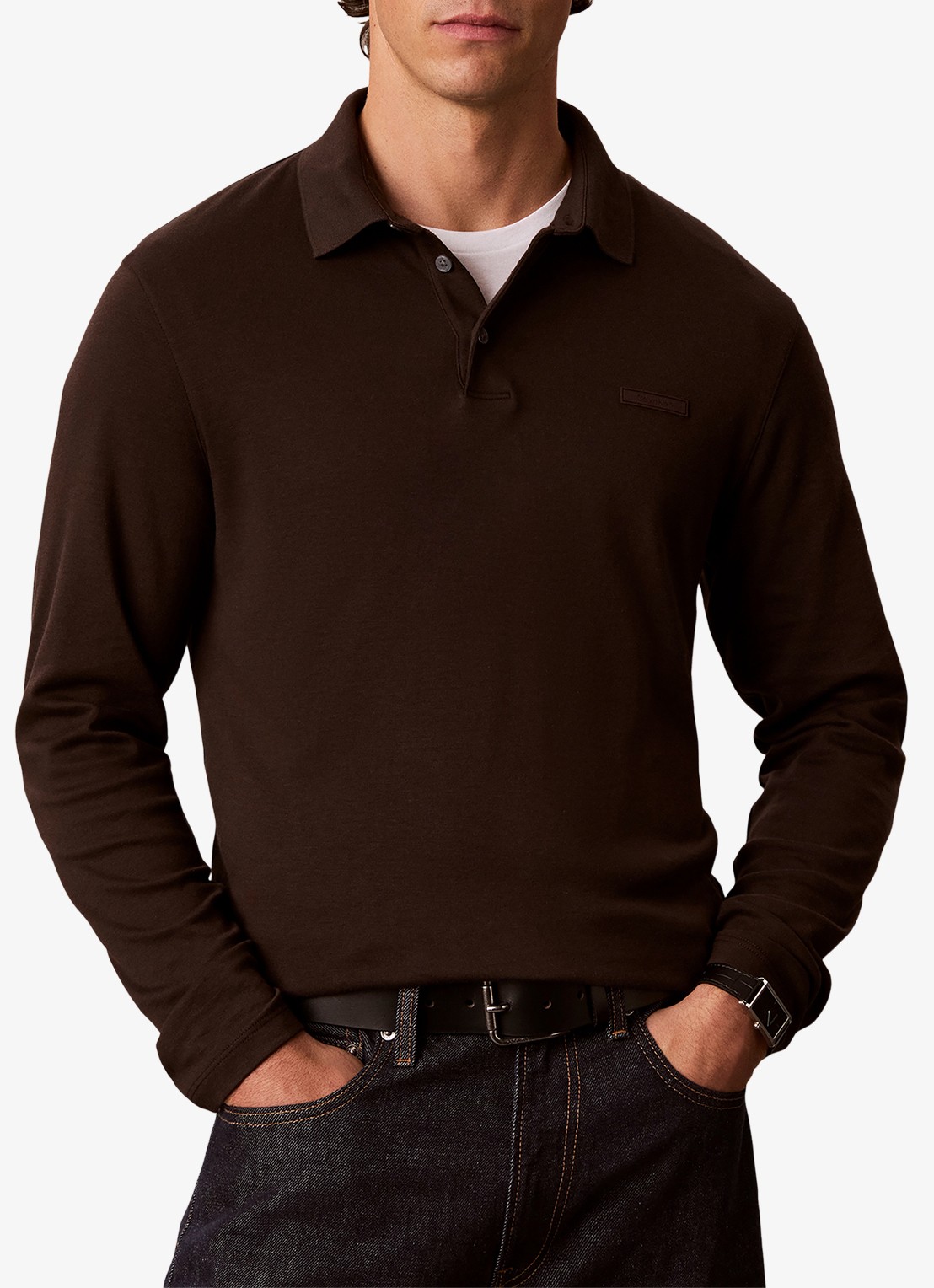 Calvin Klein Regular fit polo met logoborduring - detail donkerbruin