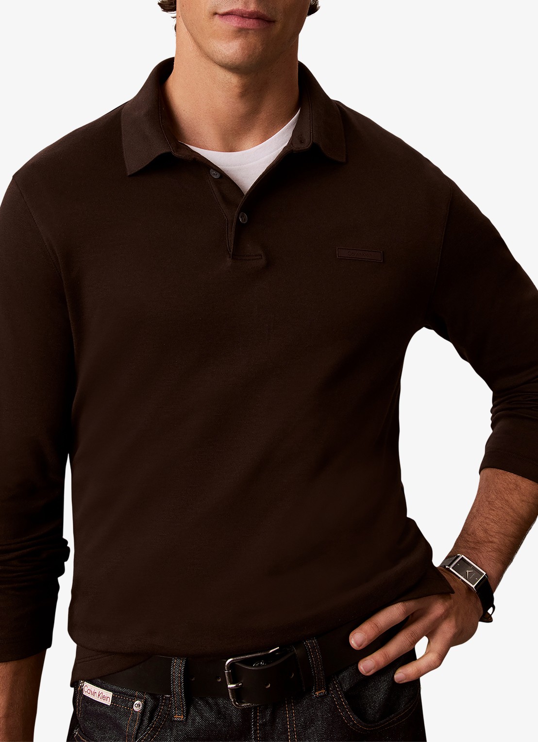 Calvin Klein Regular fit polo met logoborduring - detail 3 donkerbruin