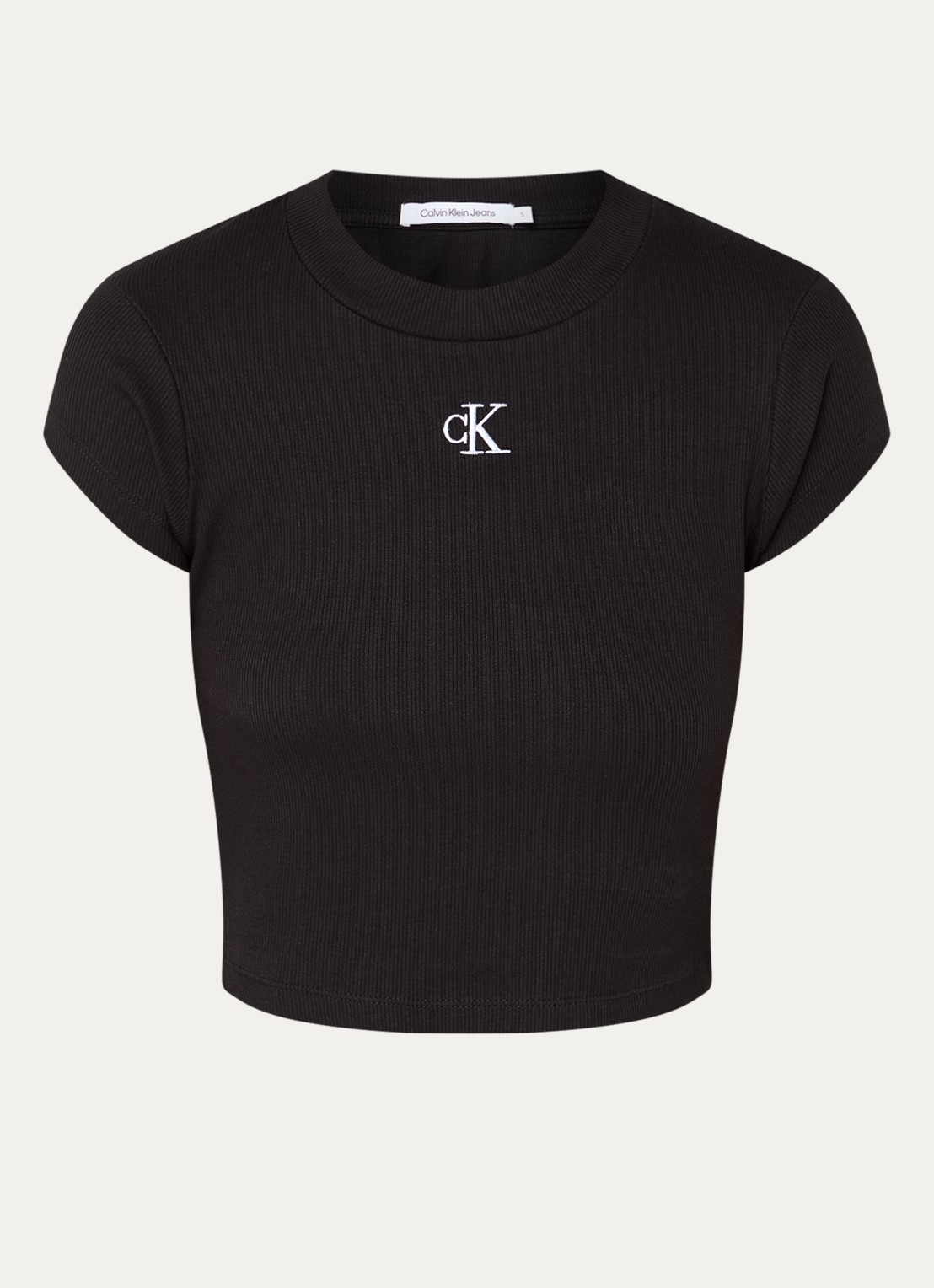 Calvin Klein Ribgebreid cropped T-shirt met logoborduring - voorkant 3 zwart