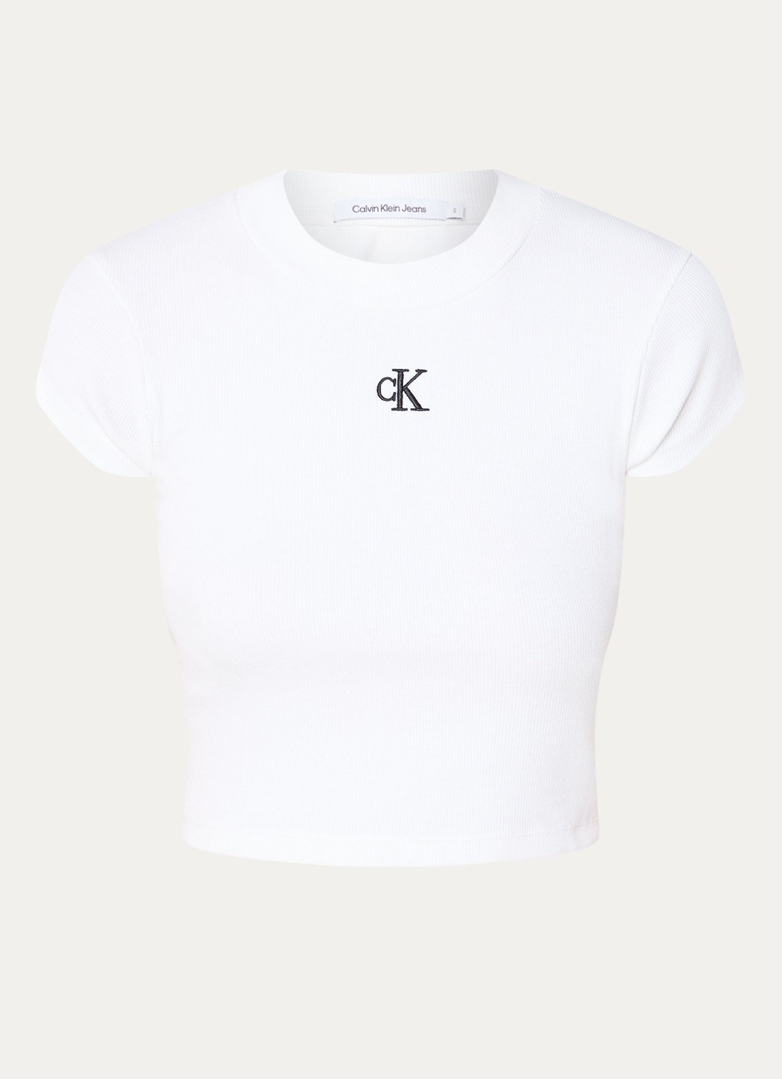Calvin Klein Ribgebreid cropped T-shirt met logoborduring - voorkant wit