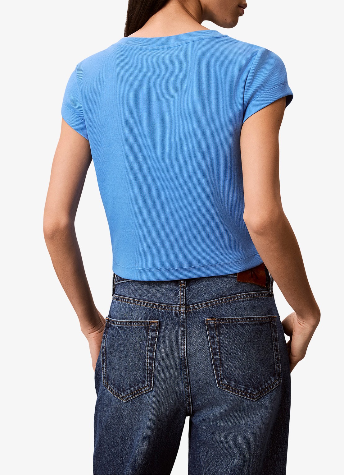 Calvin Klein Ribgebreid cropped T-shirt met V-hals - achterkant 6 marina-cg1 /  blauw