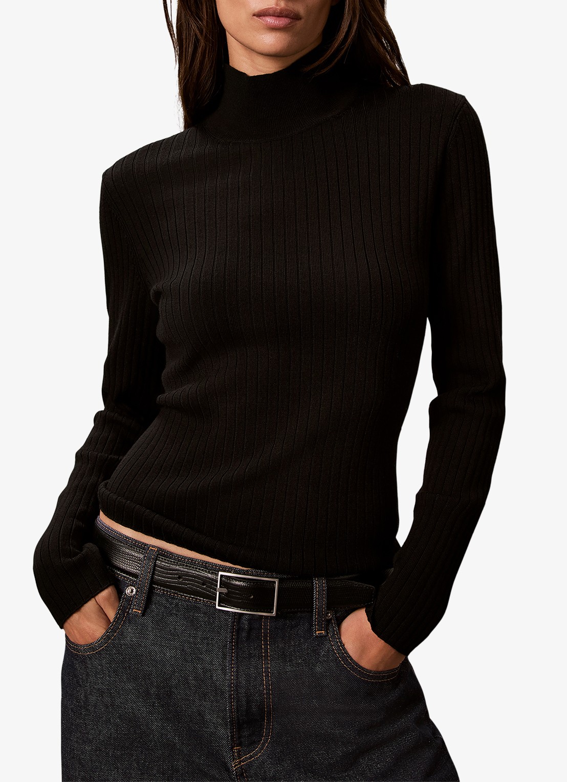 Calvin Klein Ribgebreide coltrui van merinowol - detail zwart