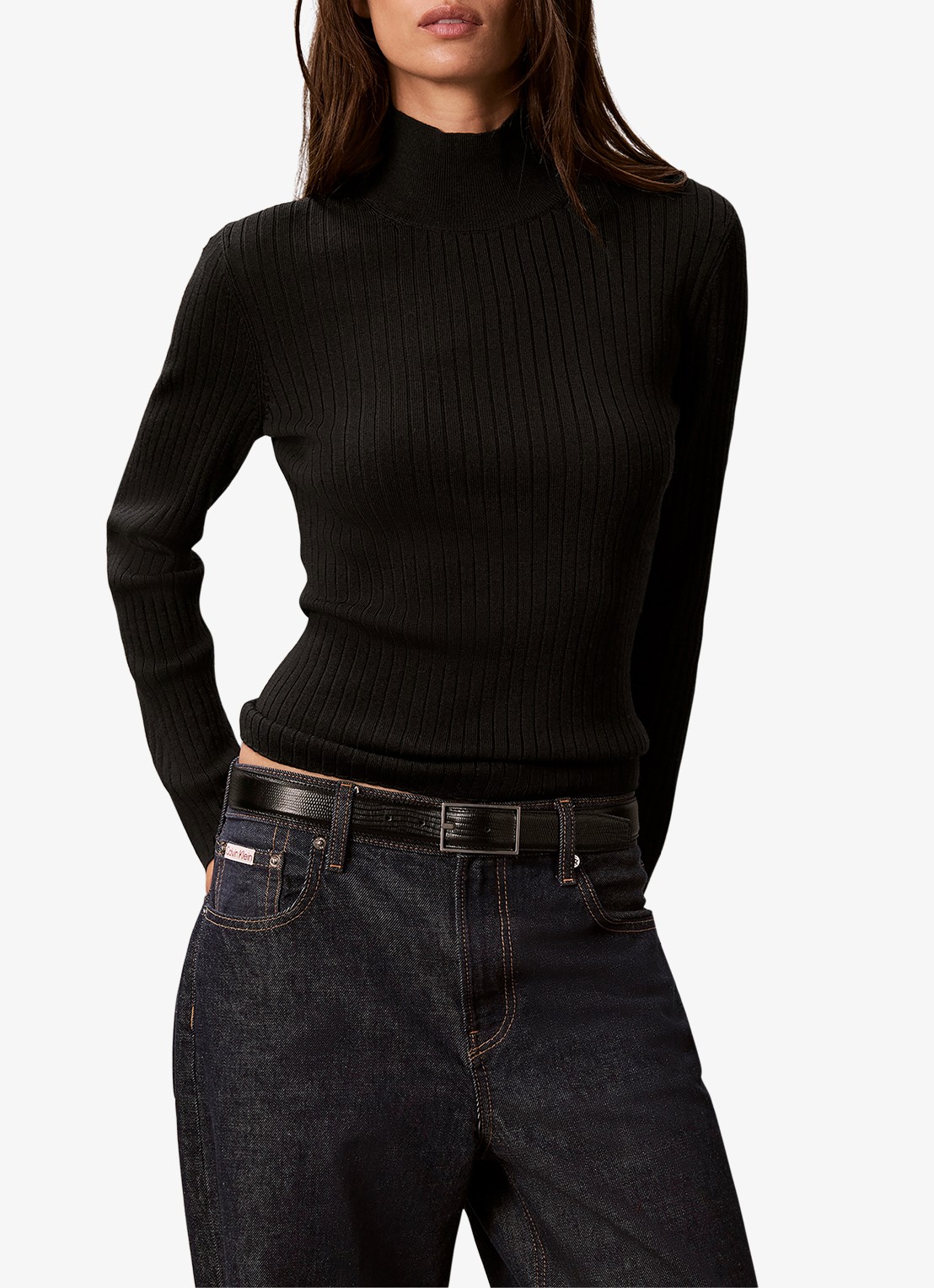 Calvin Klein Ribgebreide coltrui van merinowol - detail 3 zwart