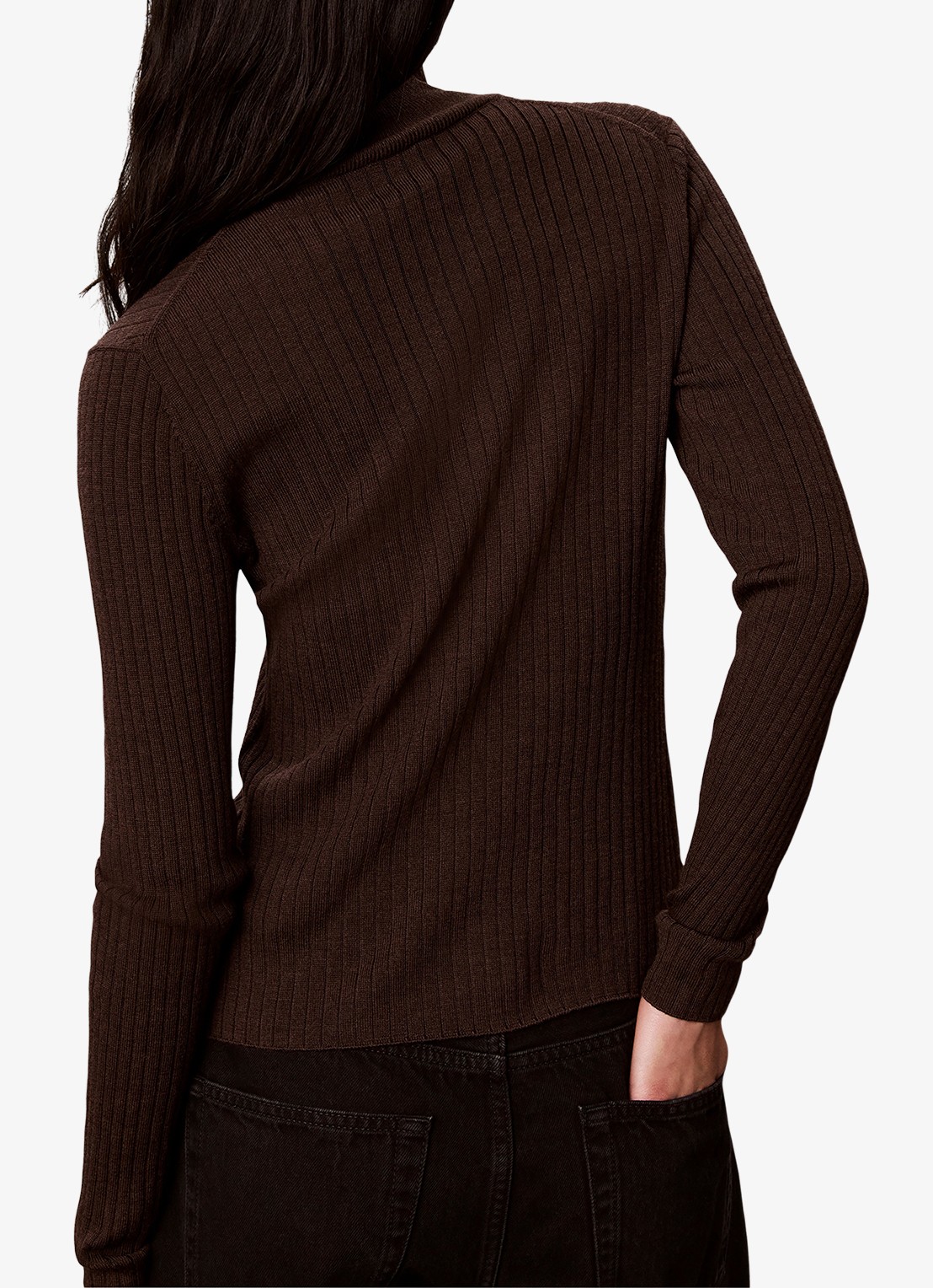 Calvin Klein Ribgebreide coltrui van merinowol - achterkant 7 chocoladebruin