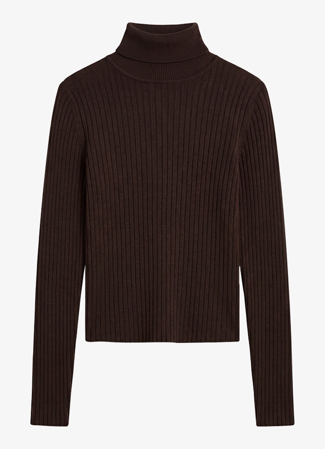Calvin Klein Ribgebreide coltrui van merinowol - voorkant chocoladebruin