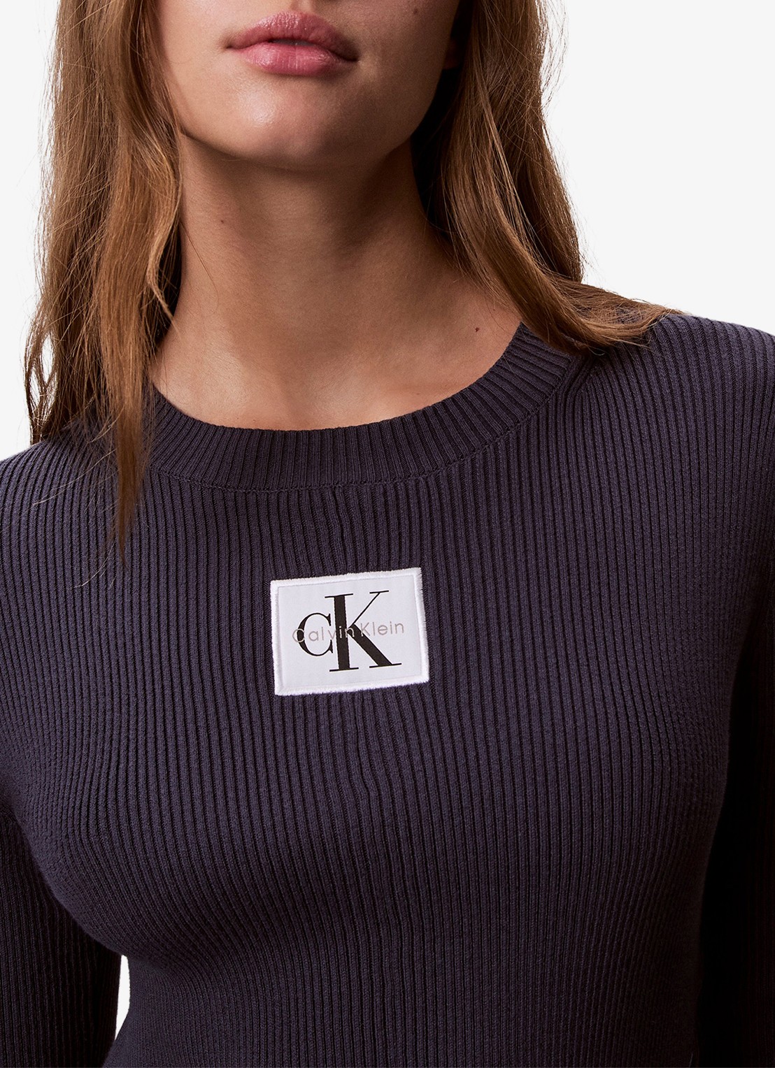 Calvin Klein Ribgebreide jurk met logoborduring - detail 3 donkerblauw
