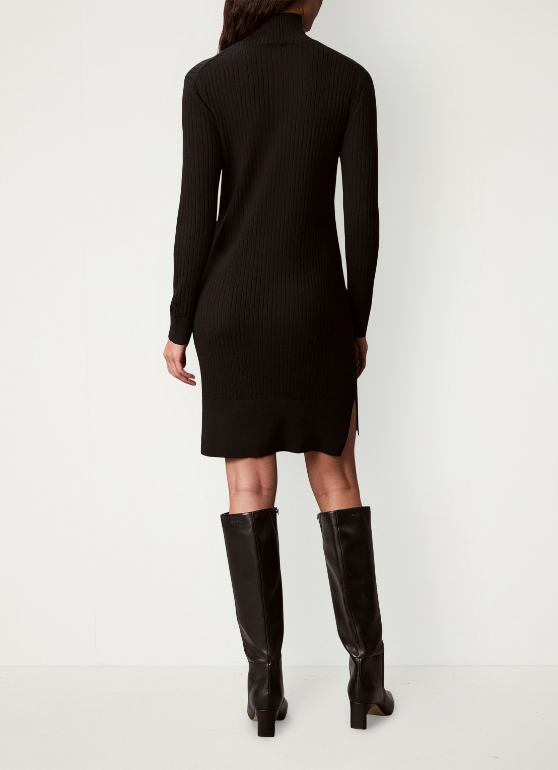 Calvin Klein Ribgebreide mini trui-jurk van merinowol met split - achterkant zwart