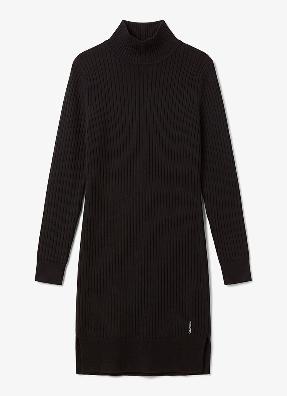 Calvin Klein Ribgebreide mini trui-jurk van merinowol met split - voorkant 2 zwart