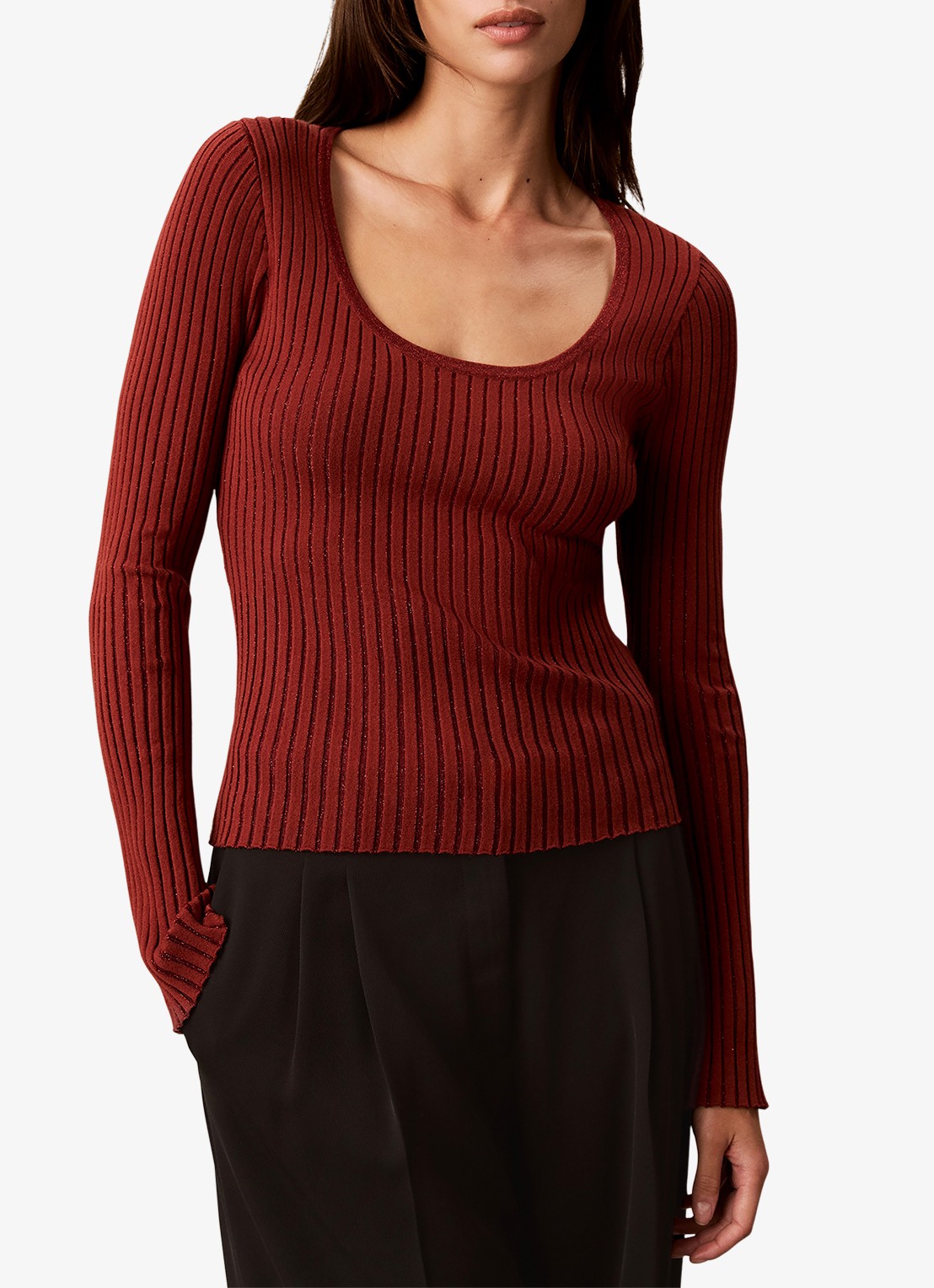 Calvin Klein Ribgebreide top met lurex - detail 3 oranjebruin