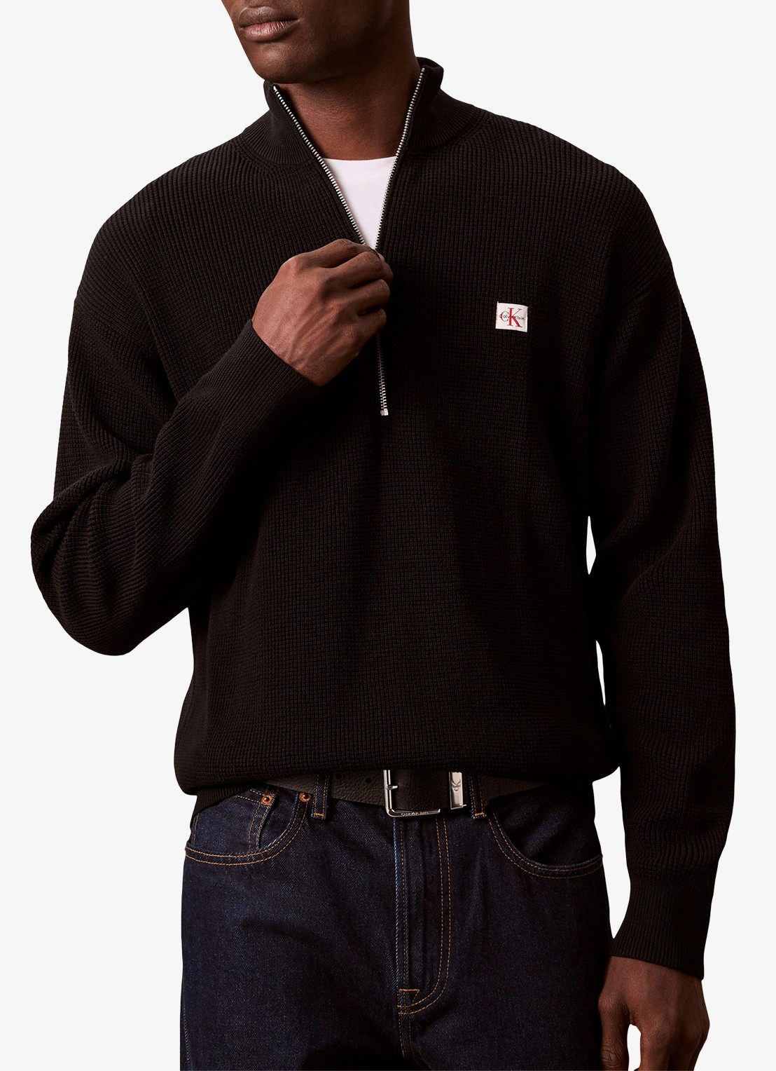 Calvin Klein Ribgebreide trui met halve rits  - detail 6 zwart