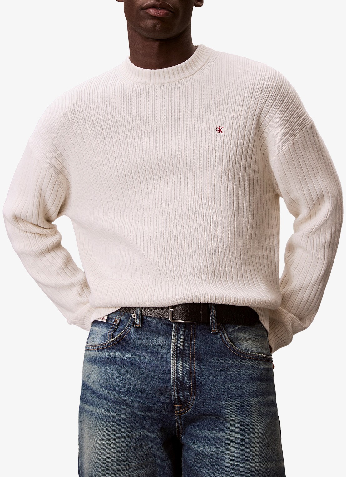 Calvin Klein Ribgebreide trui met logoborduring - detail 2 ivoor