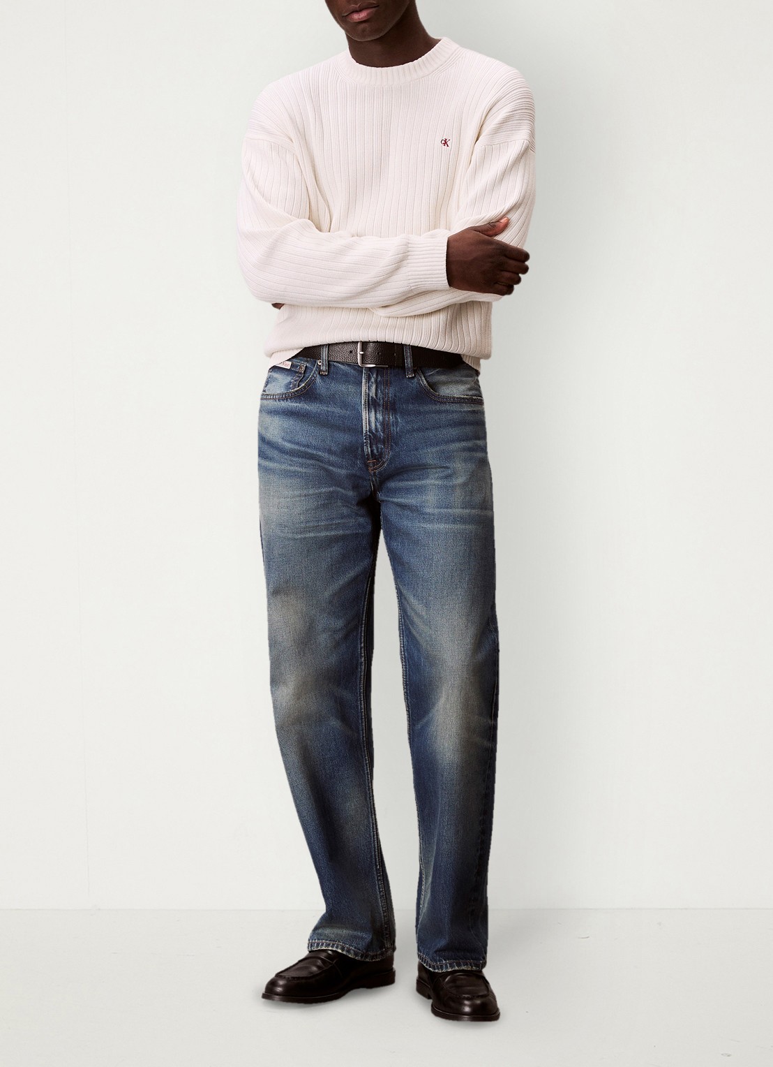 Calvin Klein Ribgebreide trui met logoborduring - voorkant 5 ivoor