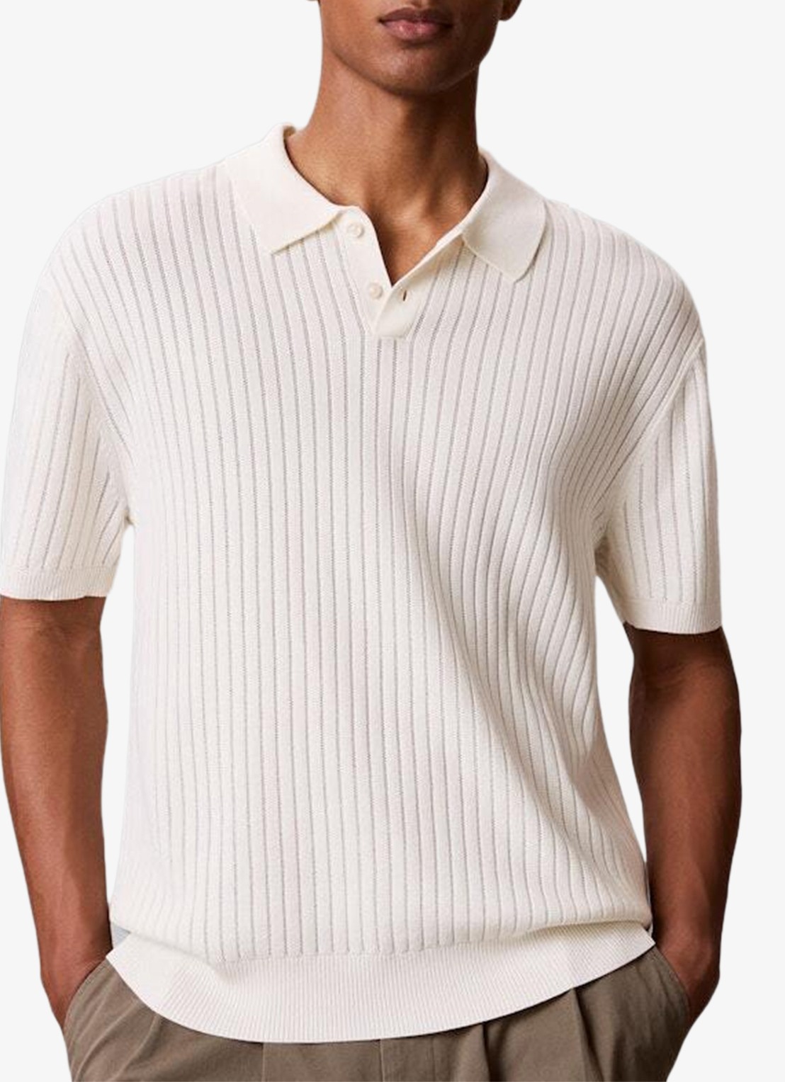 Calvin Klein Ribgebreide trui met polokraag - detail 2 tofu-yas /  wit