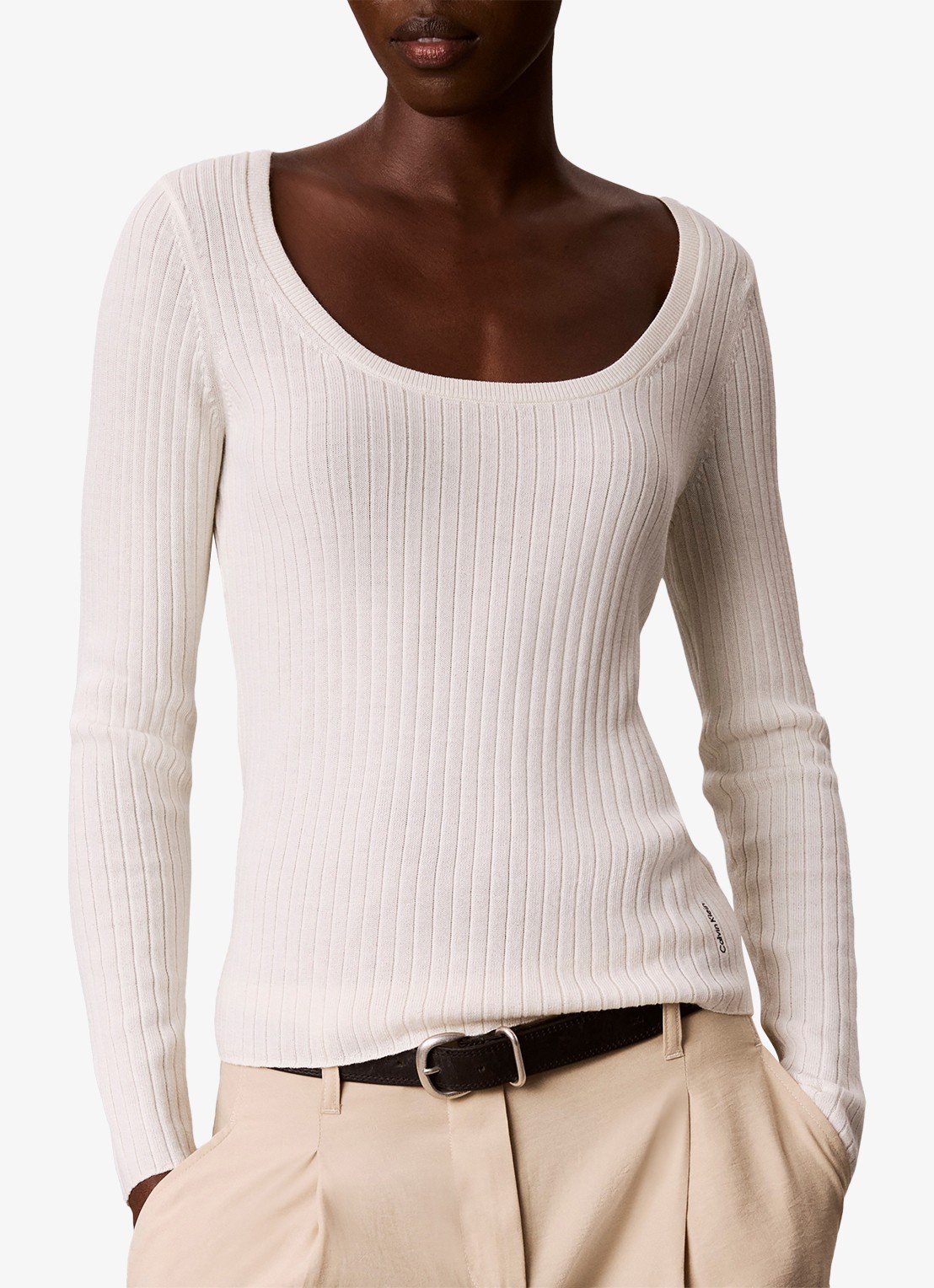 Calvin Klein Ribgebreide trui van merinowol - detail 3 creme