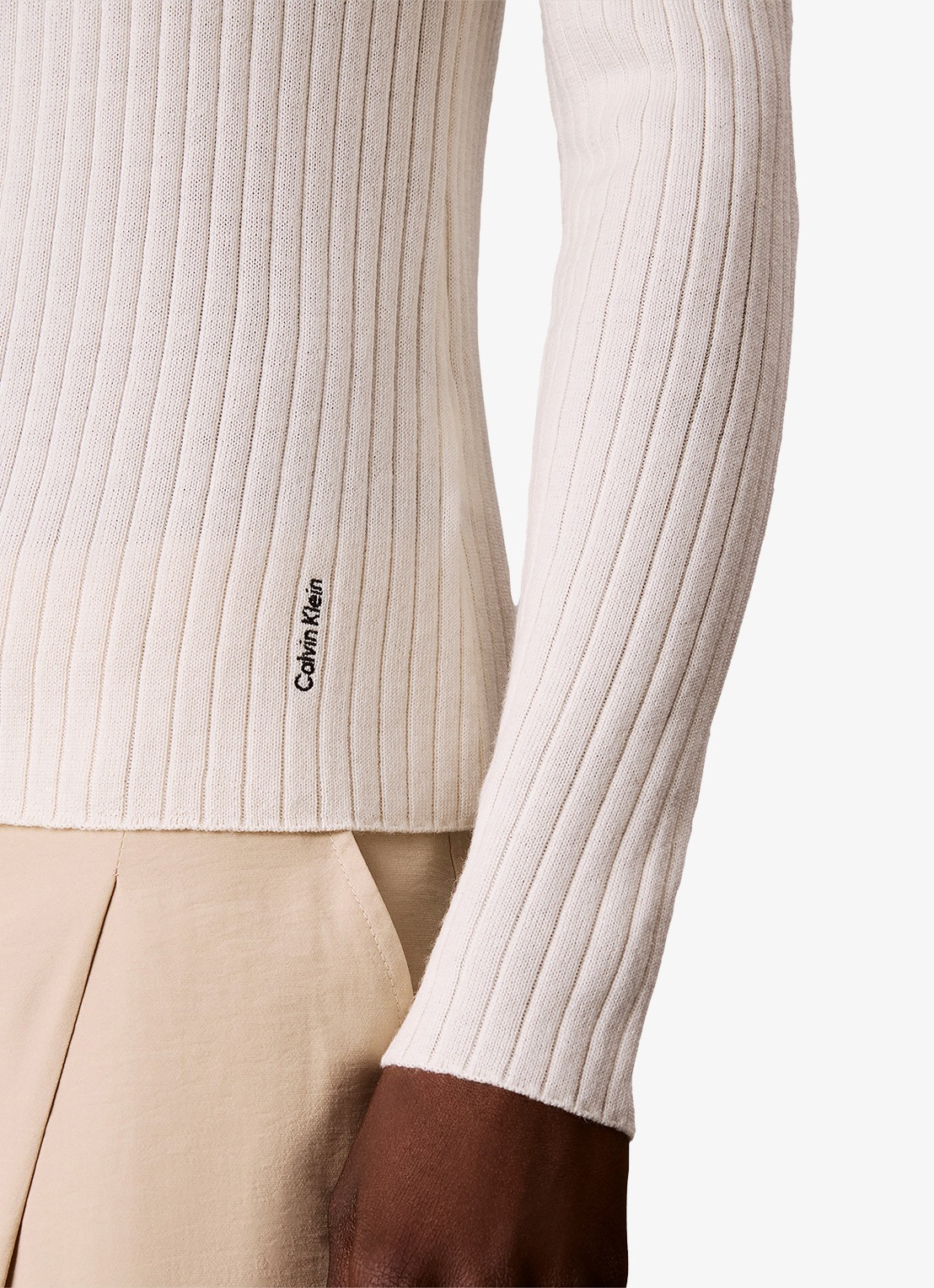 Calvin Klein Ribgebreide trui van merinowol - detail 5 creme