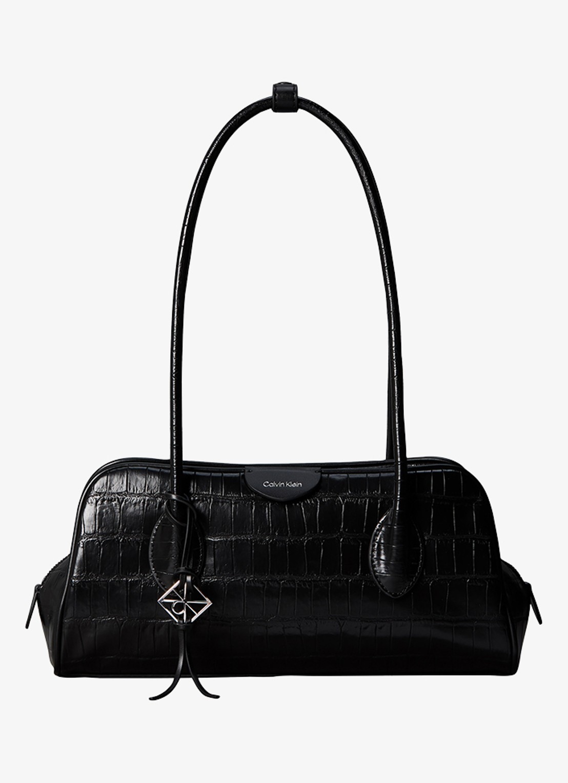 Calvin Klein Schoudertas met crocostructuur en tasbedel - voorkant zwart