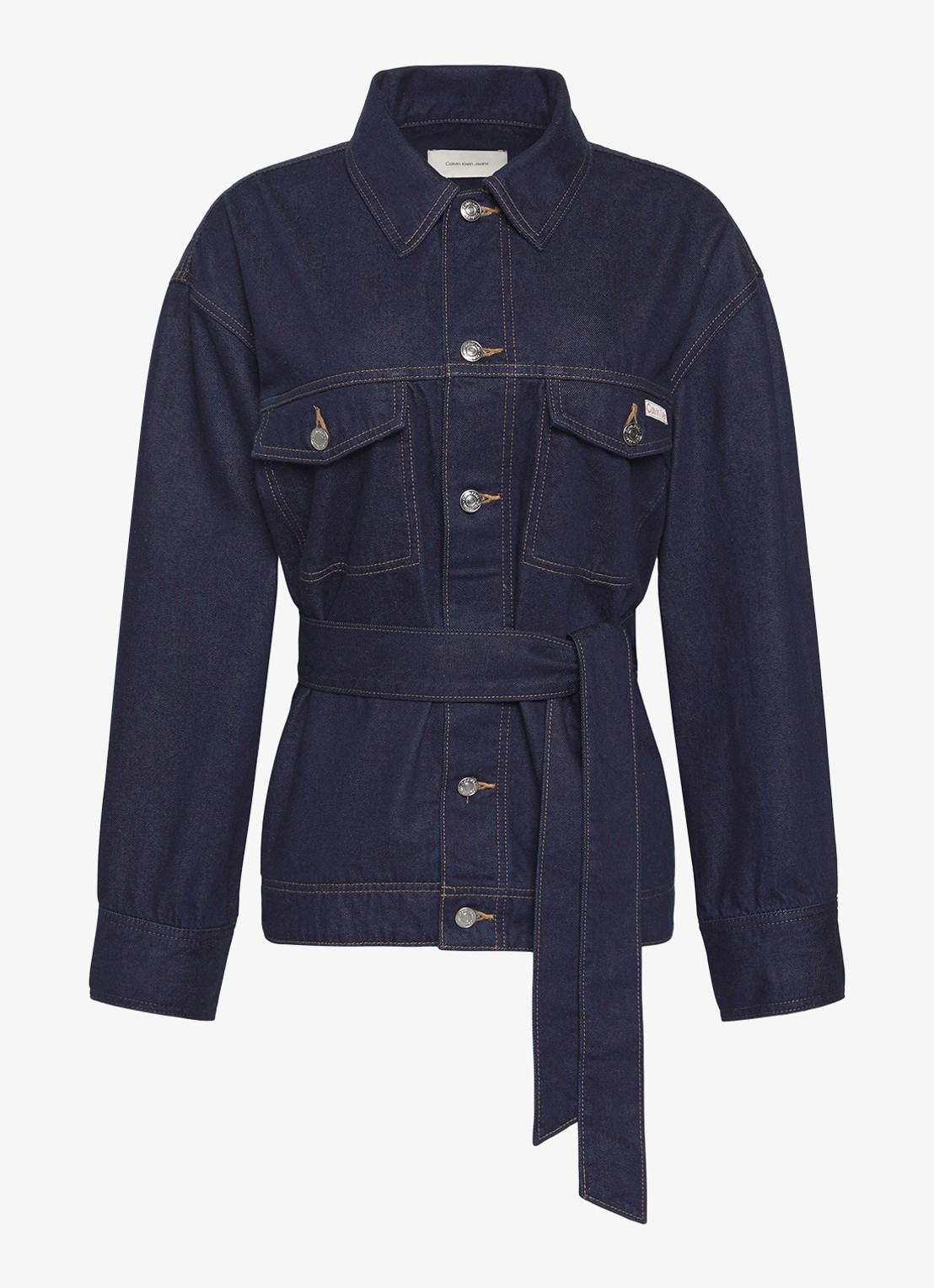 Calvin Klein Spijkerjas met strikceintuur - voorkant 3 donkerblauw