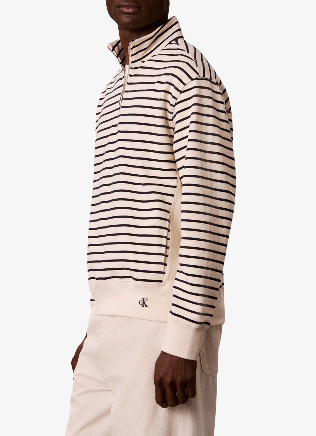 Calvin Klein Sweater met halve rits en streepprint - detail 2 gebroken wit