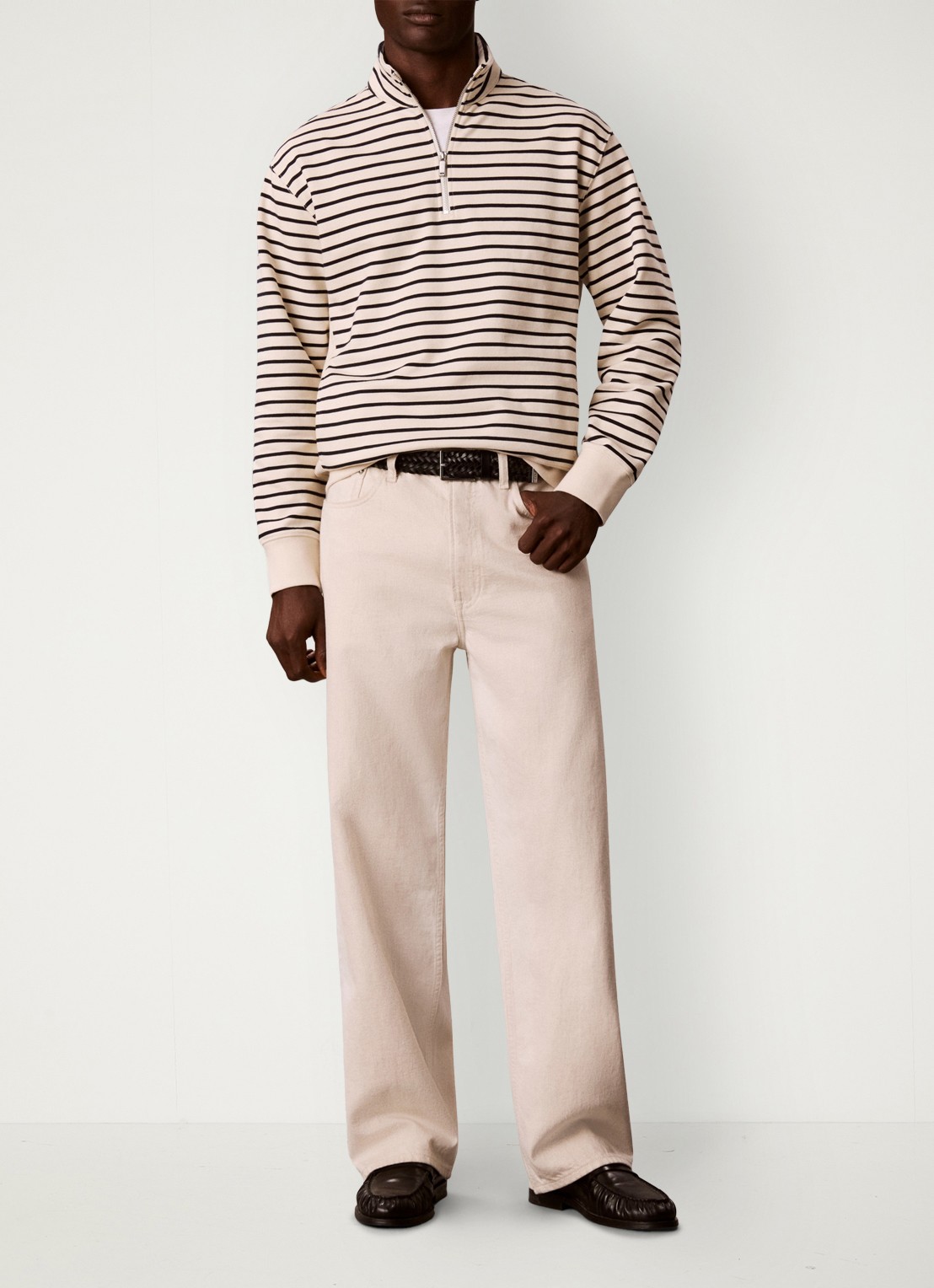 Calvin Klein Sweater met halve rits en streepprint - voorkant 5 gebroken wit