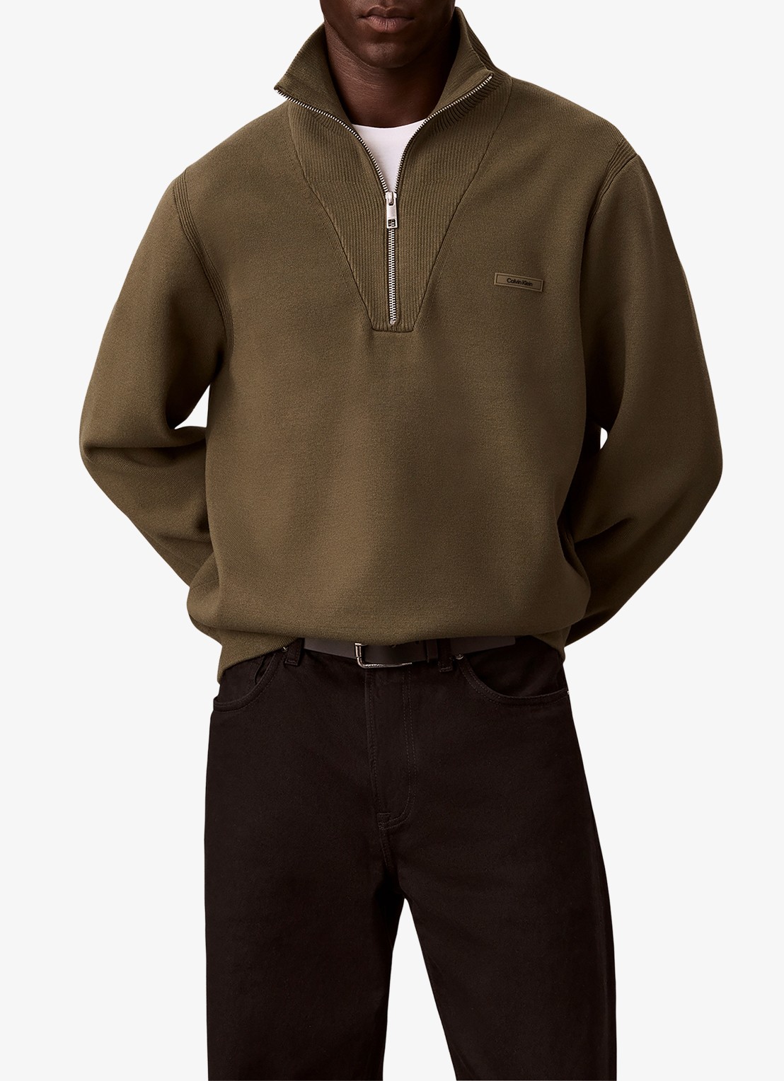 Calvin Klein Sweater met halve rits - detail olijfgroen