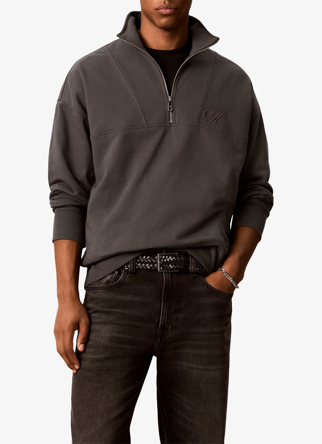 Calvin Klein Sweater met halve rits - detail middengrijs