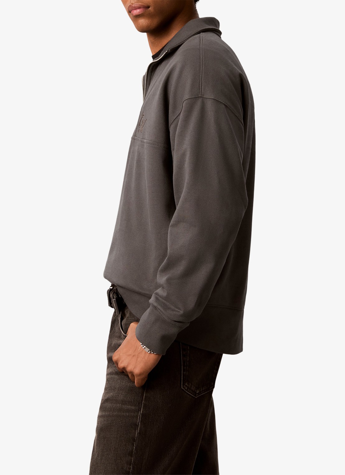 Calvin Klein Sweater met halve rits - detail 4 middengrijs