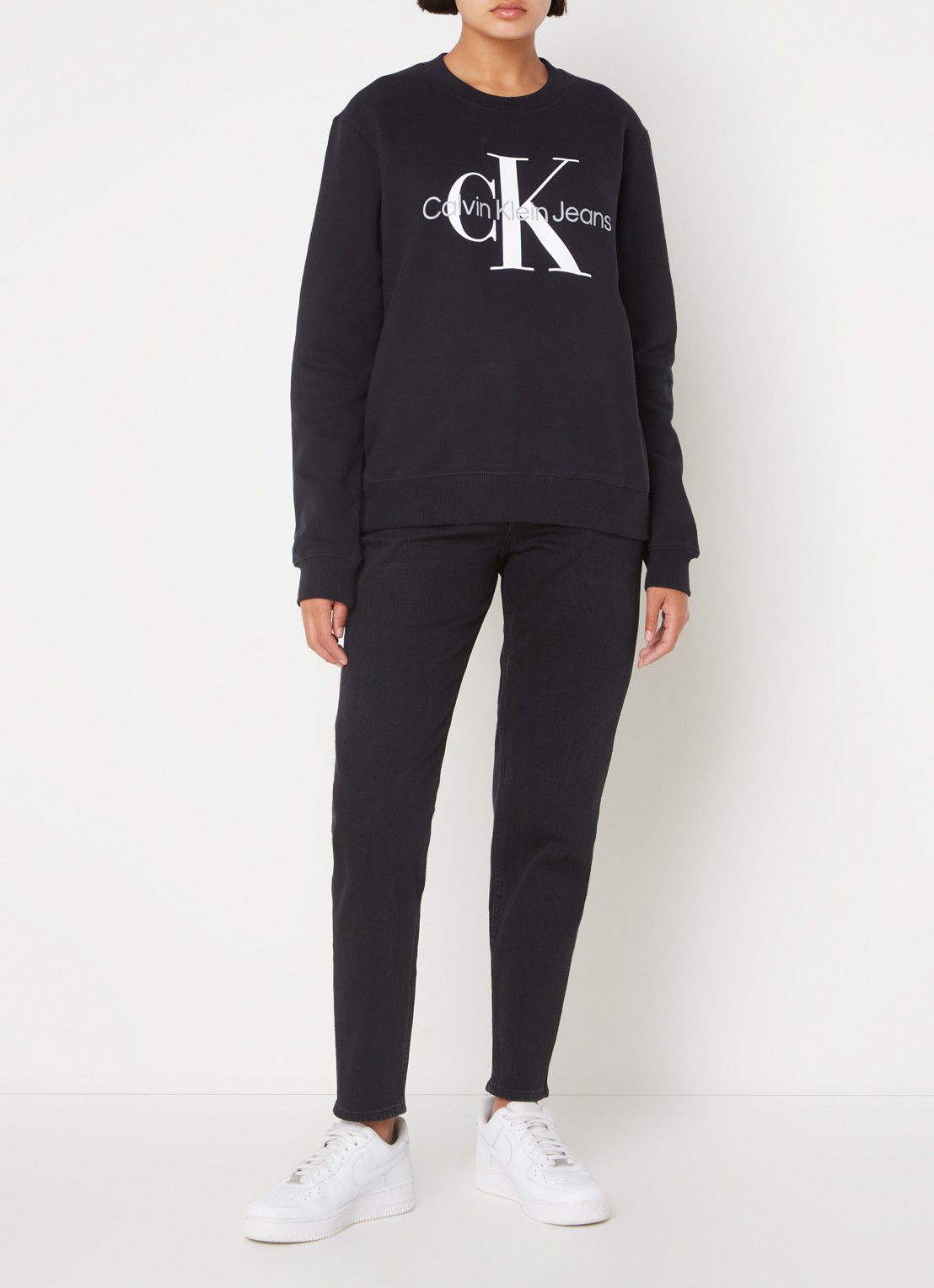 Calvin Klein  Sweater van katoen met logoprint  - voorkant 3 zwart