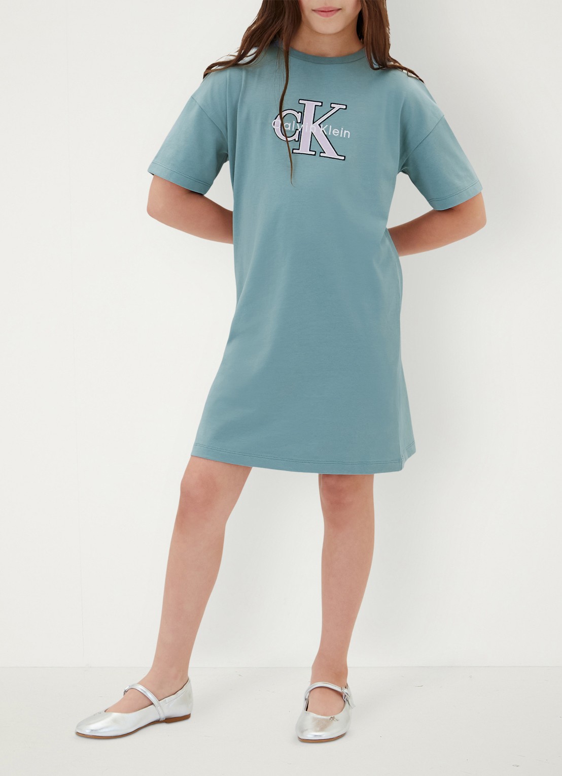Calvin Klein T-Shirt jurk met logoborduring - voorkant 4 blauwgrijs