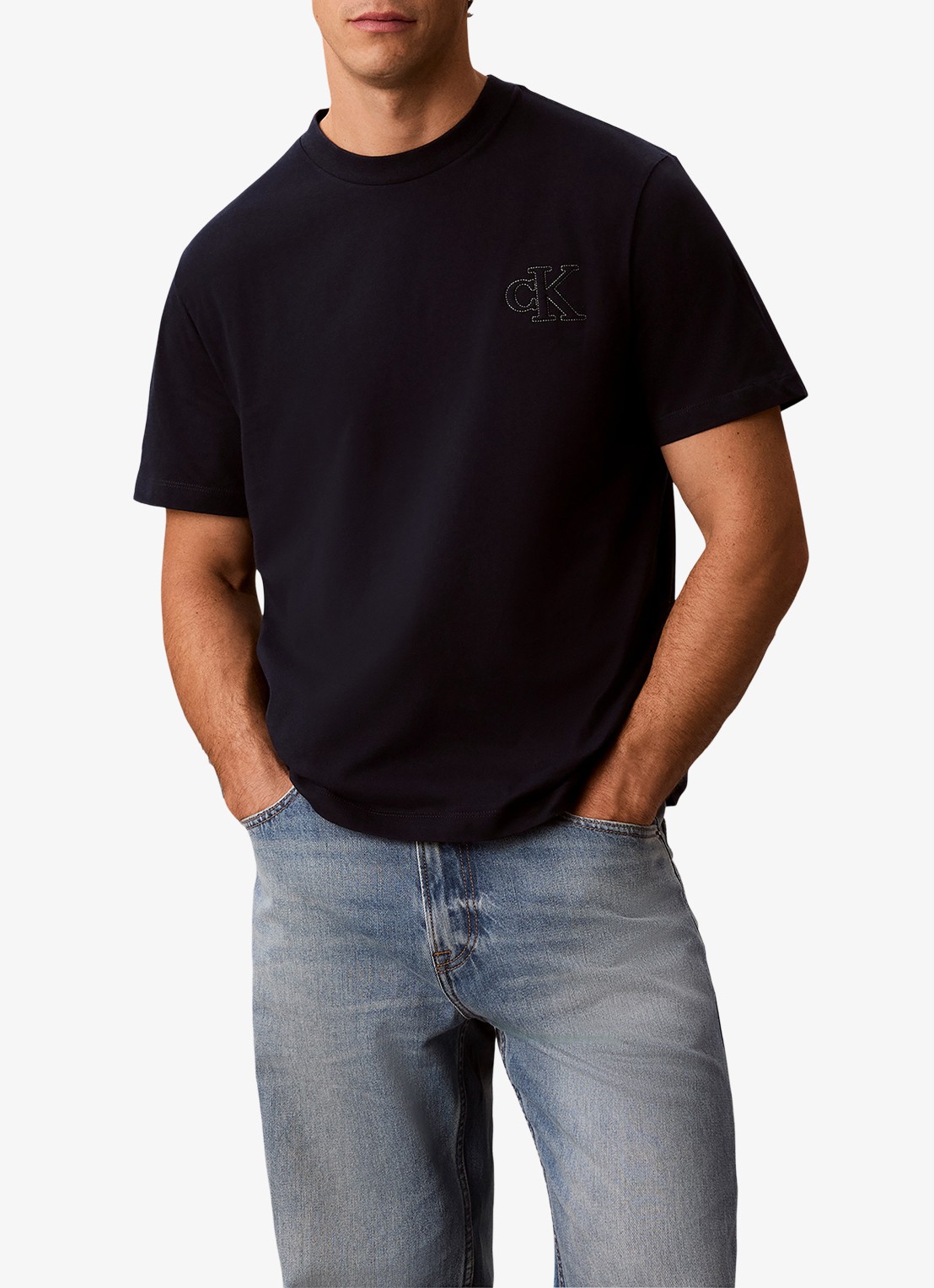 Calvin Klein T-shirt met logoborduring - detail donkerblauw