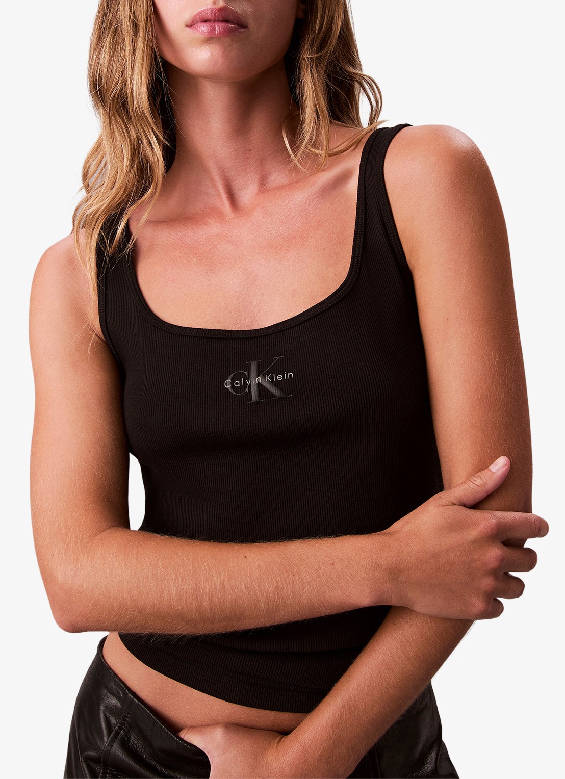 Calvin Klein Tanktop met logoborduring en ribstructuur - detail 2 zwart