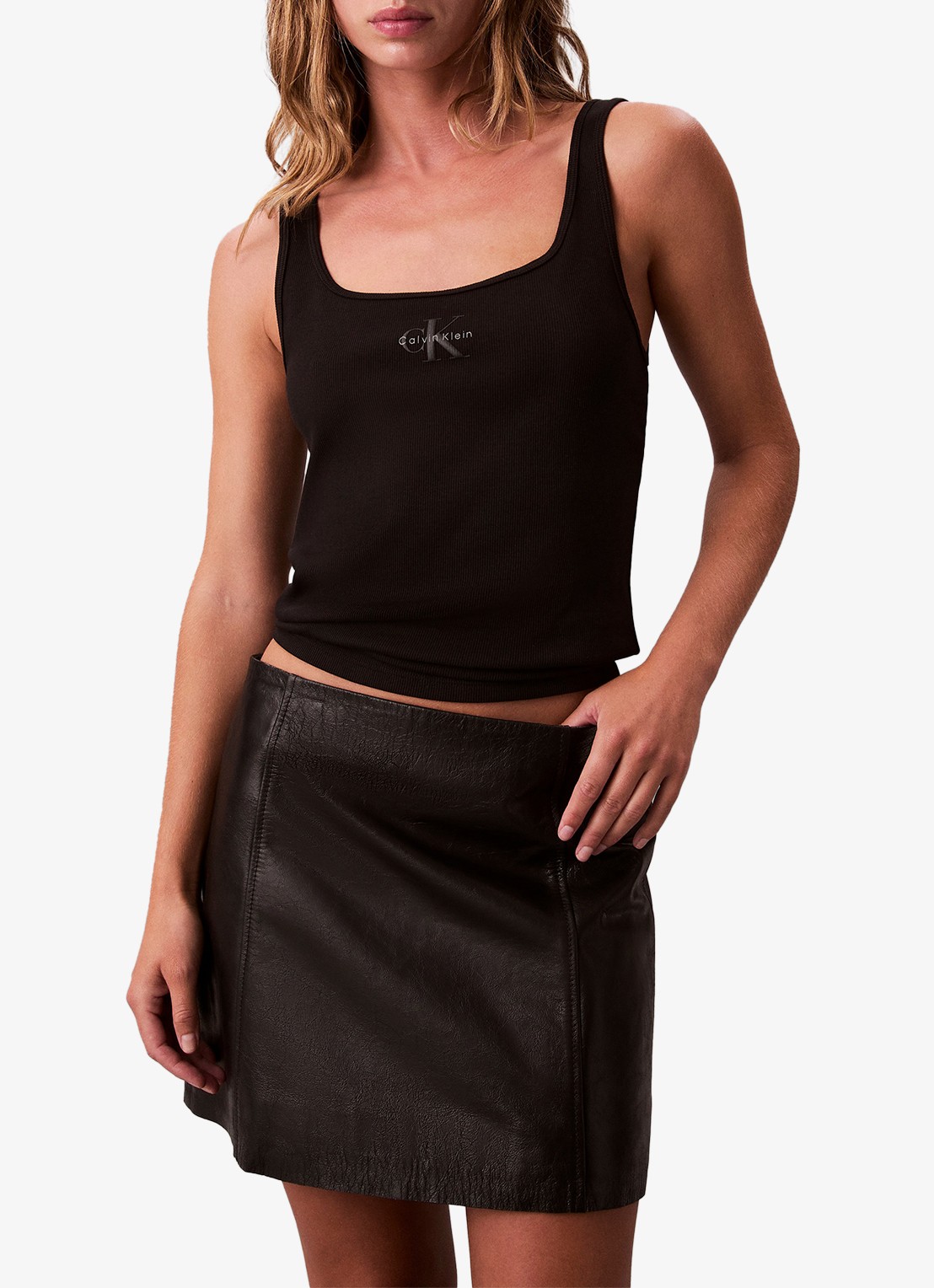 Calvin Klein Tanktop met logoborduring en ribstructuur - voorkant 6 zwart