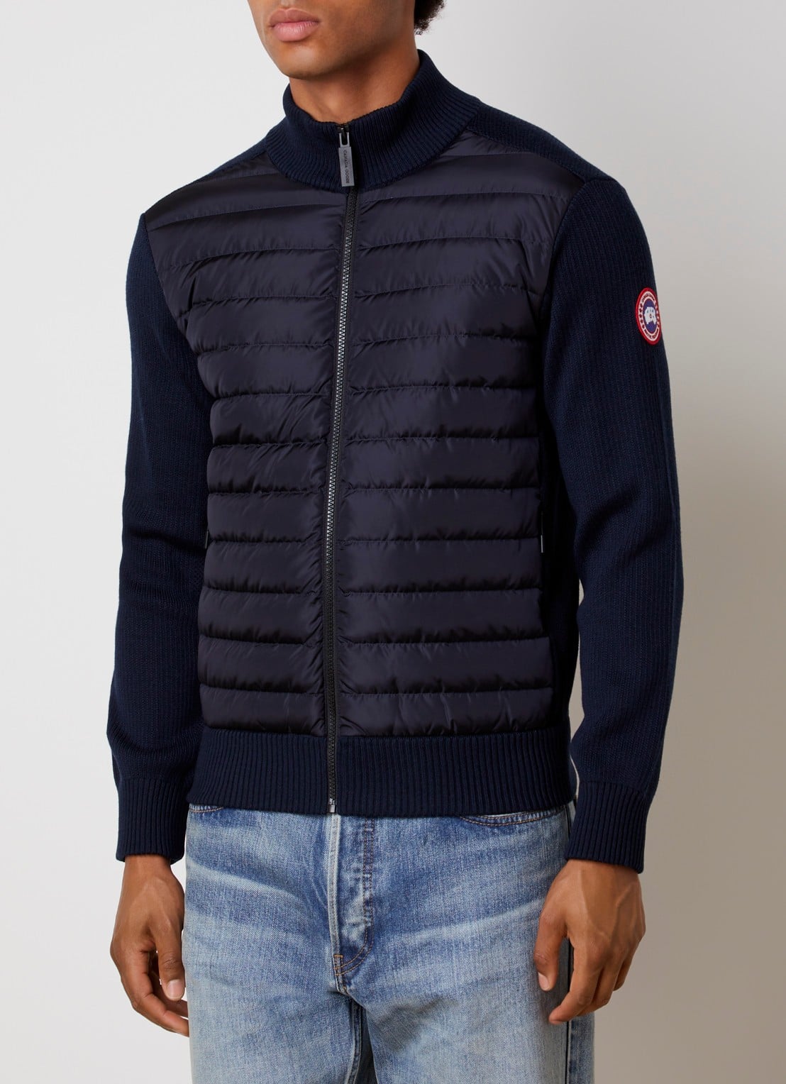 Canada Goose Hybridge ribgebreid vest van wol met gewatteerd voorpand - detail 7 donkerblauw