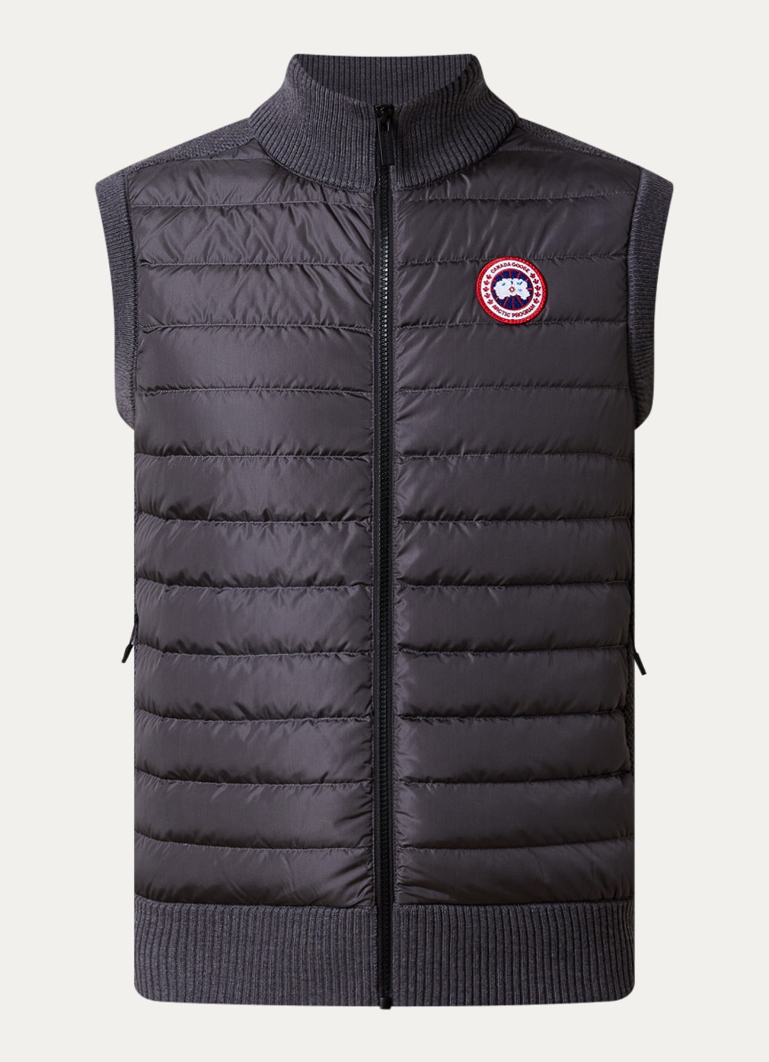 Canada Goose Hybridge ribgebreid vest van wol met gewatteerd voorpand - voorkant antraciet